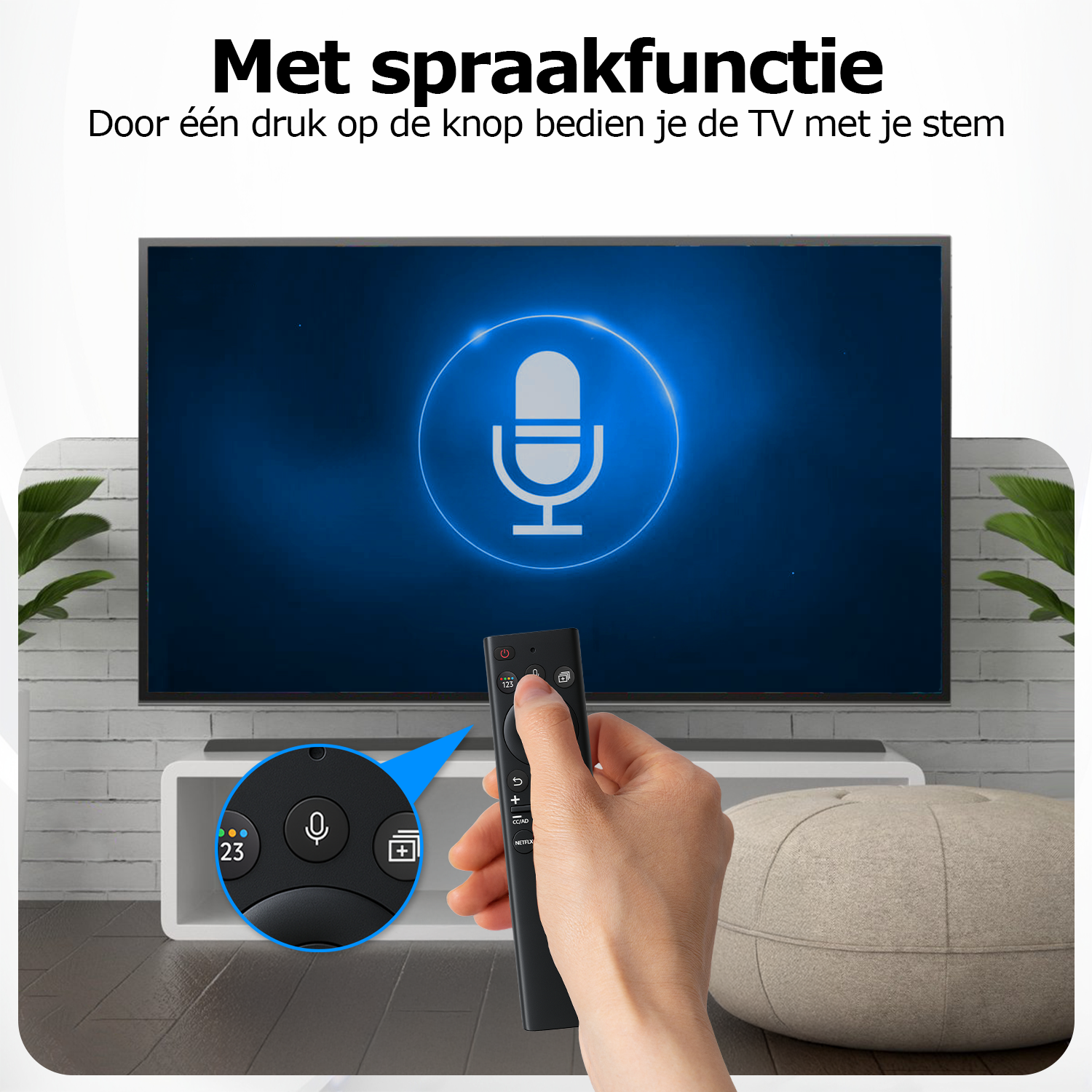 A hand holding a TV remote with a microphone button. A TV is in the background, showing a microphone icon.