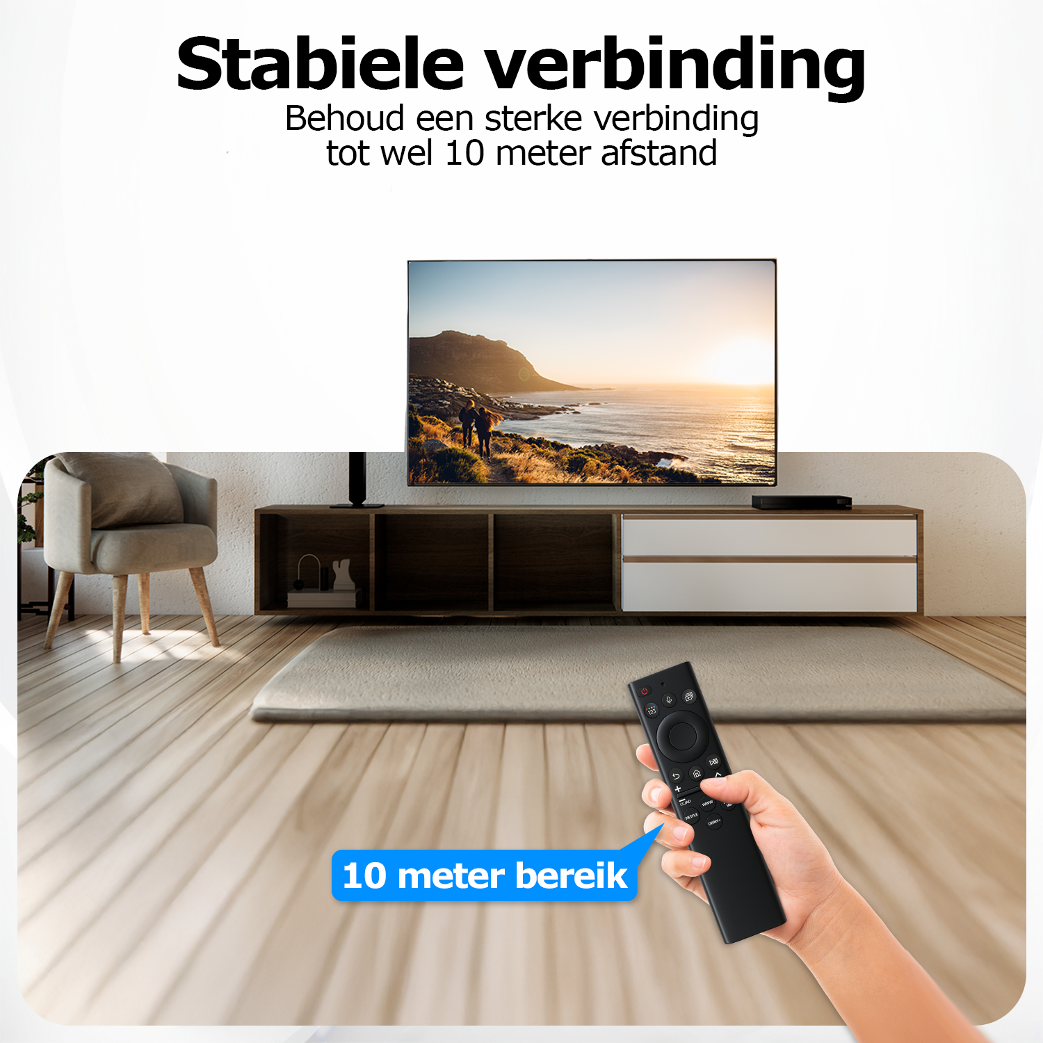 A hand holds a black remote. A TV displays a landscape. Text says 'Stable connection' and '10 meter range'.