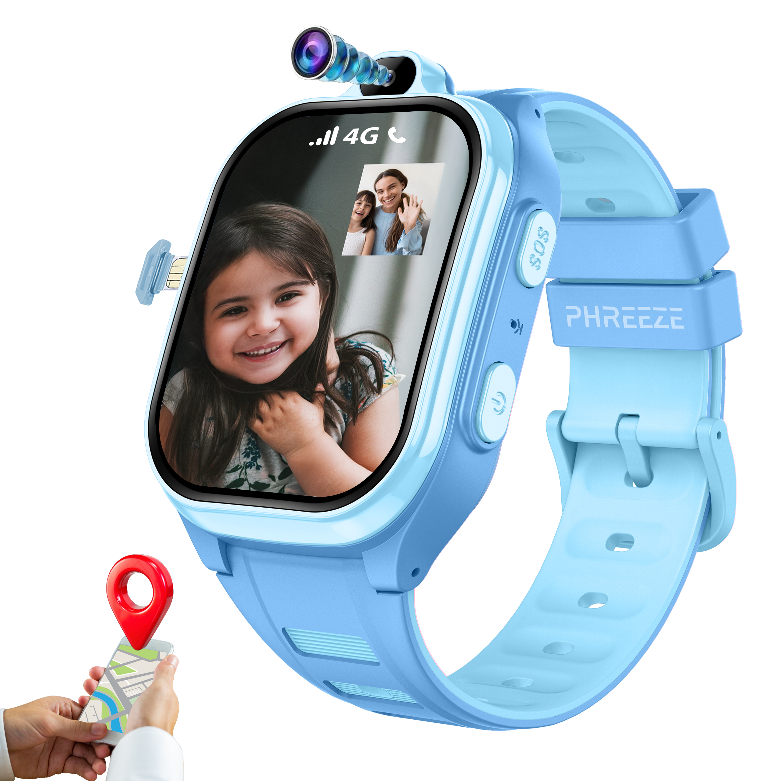 Een blauwe smartwatch met video-oproep. Een hand houdt een telefoon met een locatiepin.