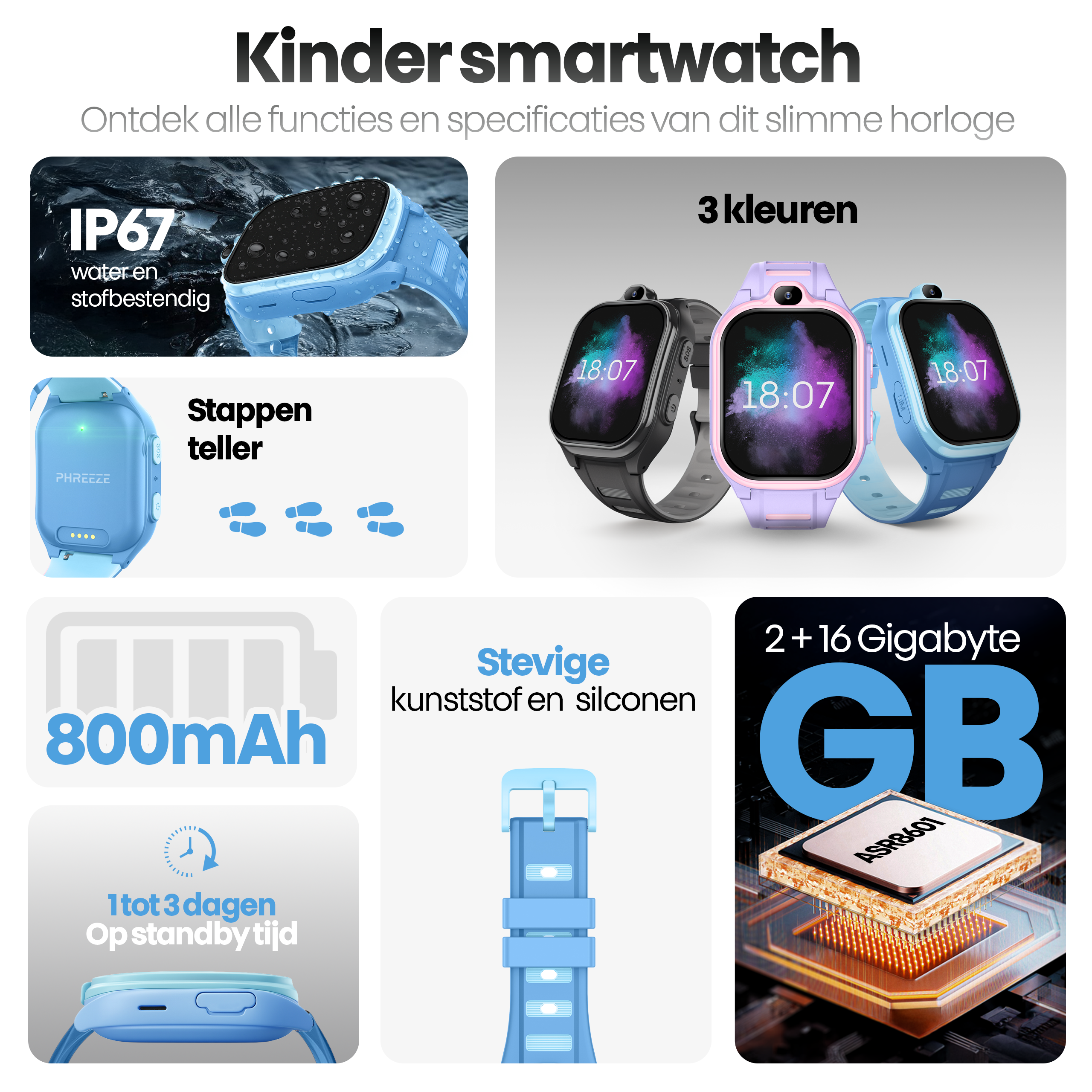Afbeelding toont een kinder smartwatch met functies zoals IP67 waterbestendigheid, stappenteller, 3 kleuren, 800mAh batterij en 2+16 GB opslag.