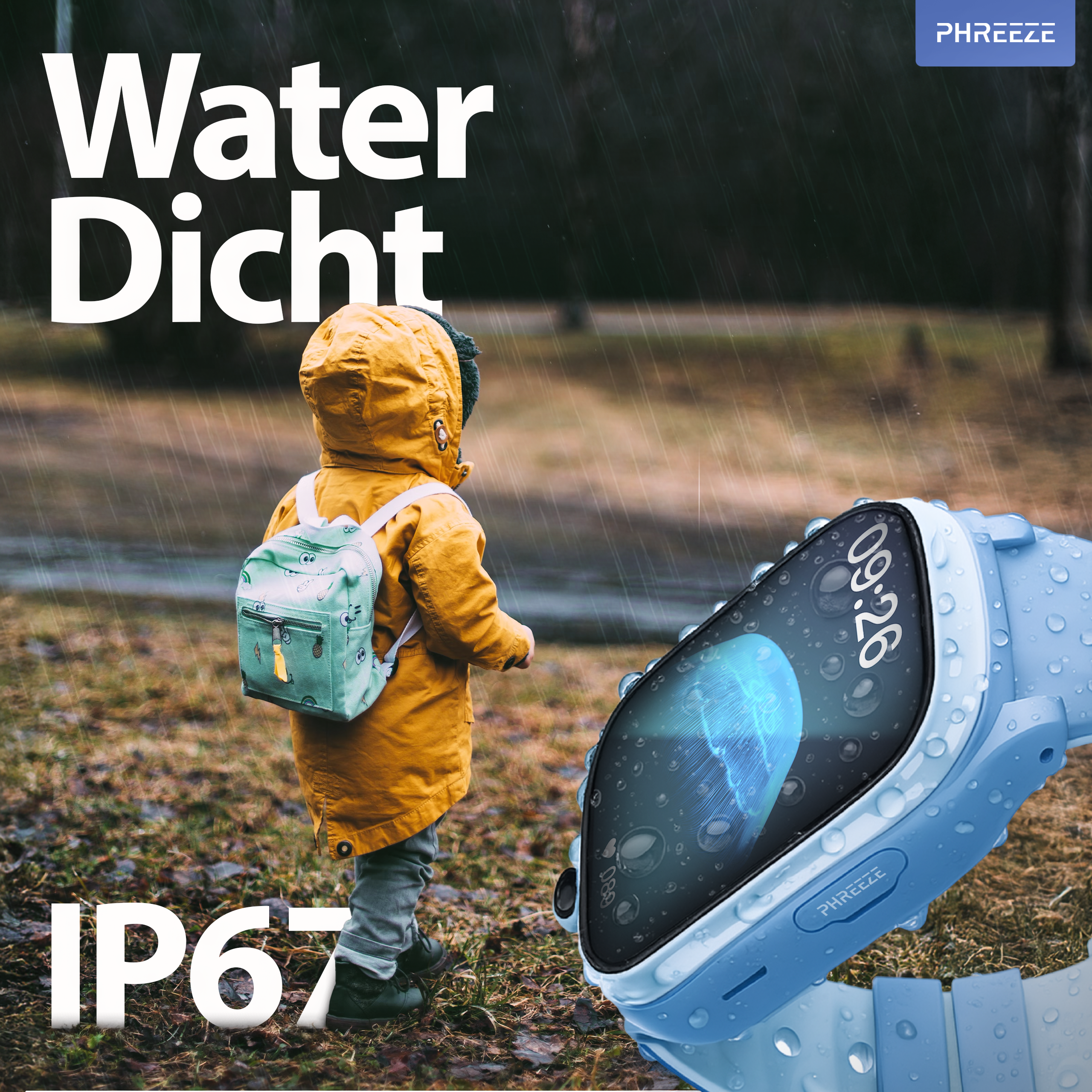 Een kind in een gele regenjas met rugzak. Blauwe smartwatch op de voorgrond. Het regent.