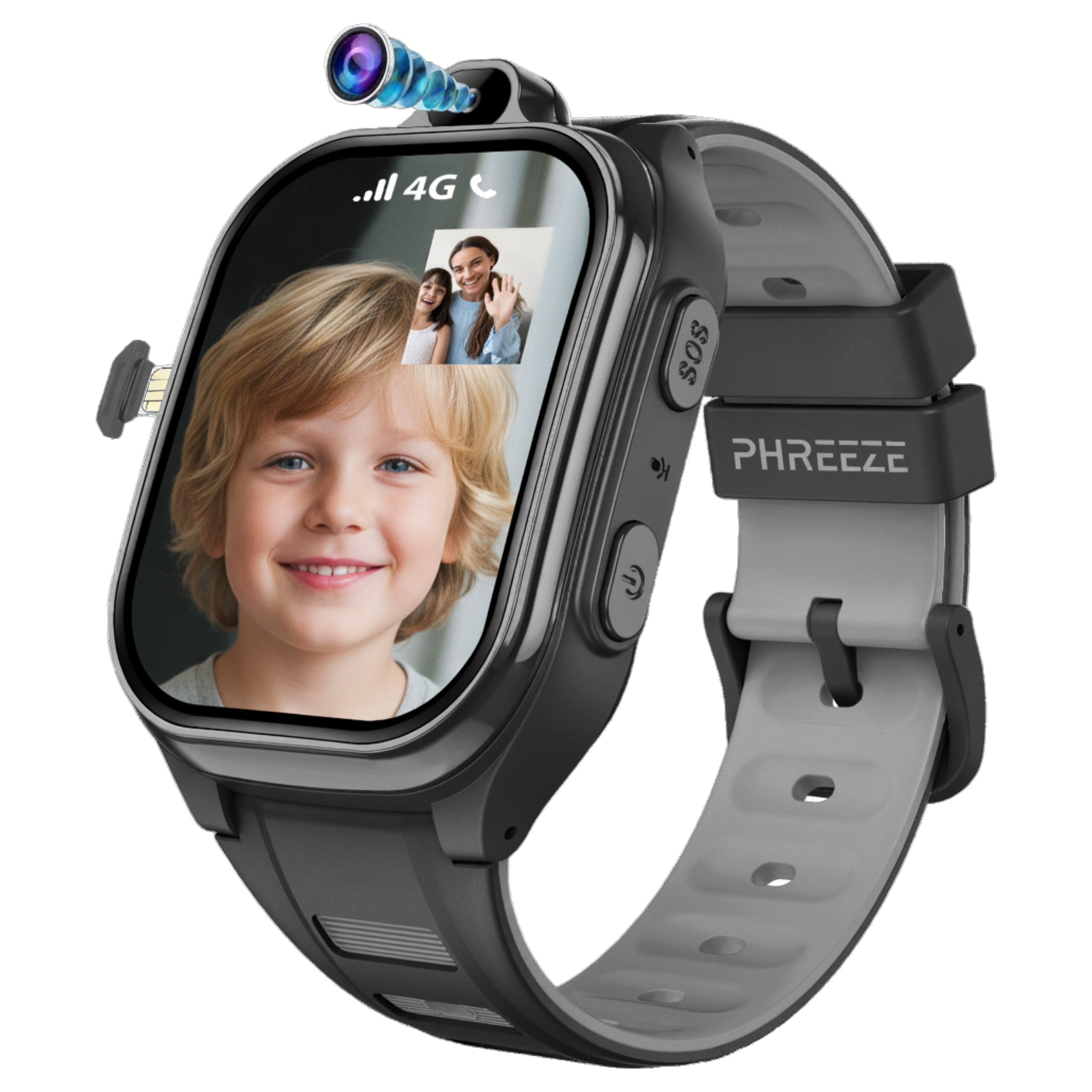 Een smartwatch toont een videogesprek met een lachende jongen en twee zwaaiende mensen. Het heeft een camera en een grijze band.