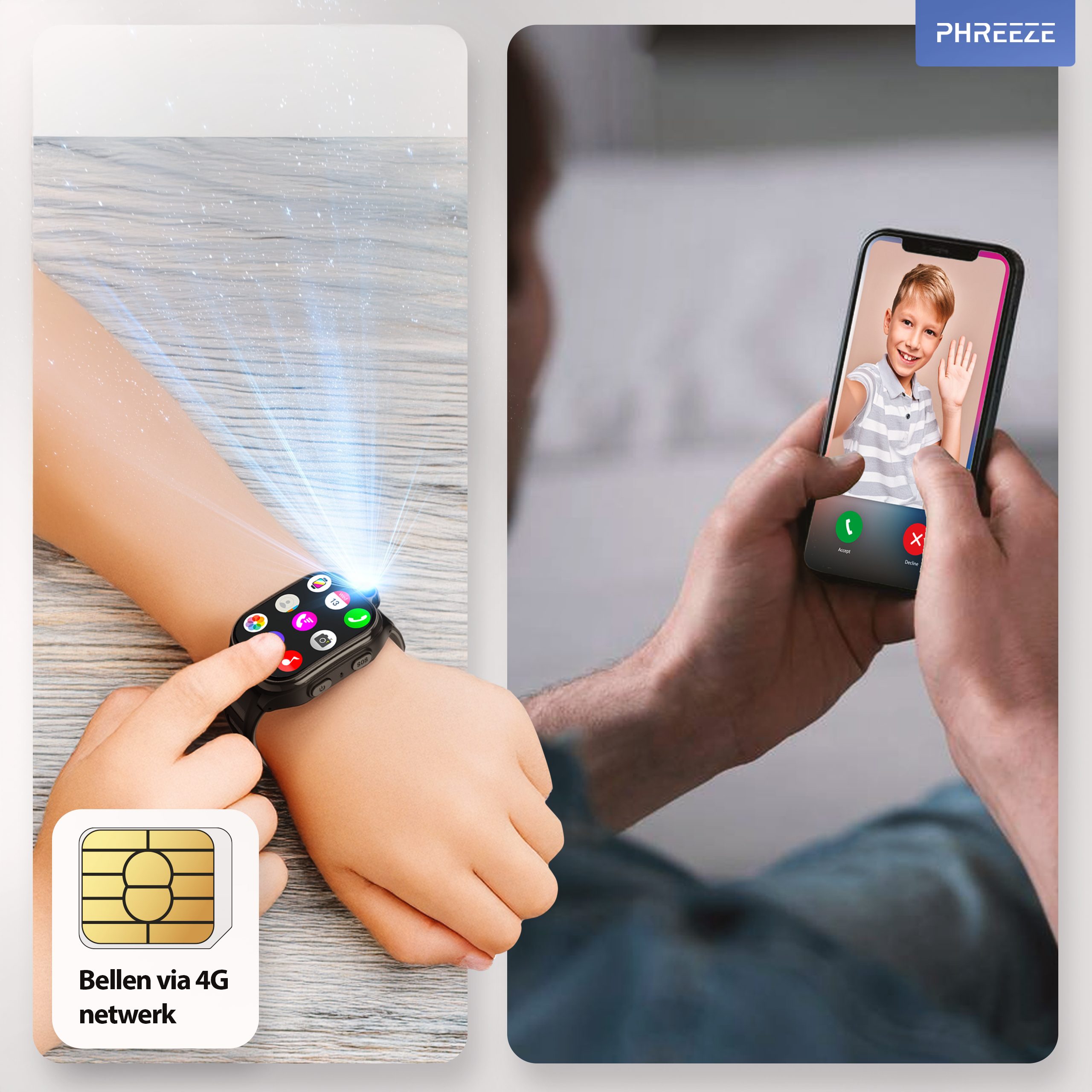 Een pols van een kind heeft een smartwatch. Een telefoon toont een videogesprek met een zwaaiende jongen. Er is een simkaart aanwezig.