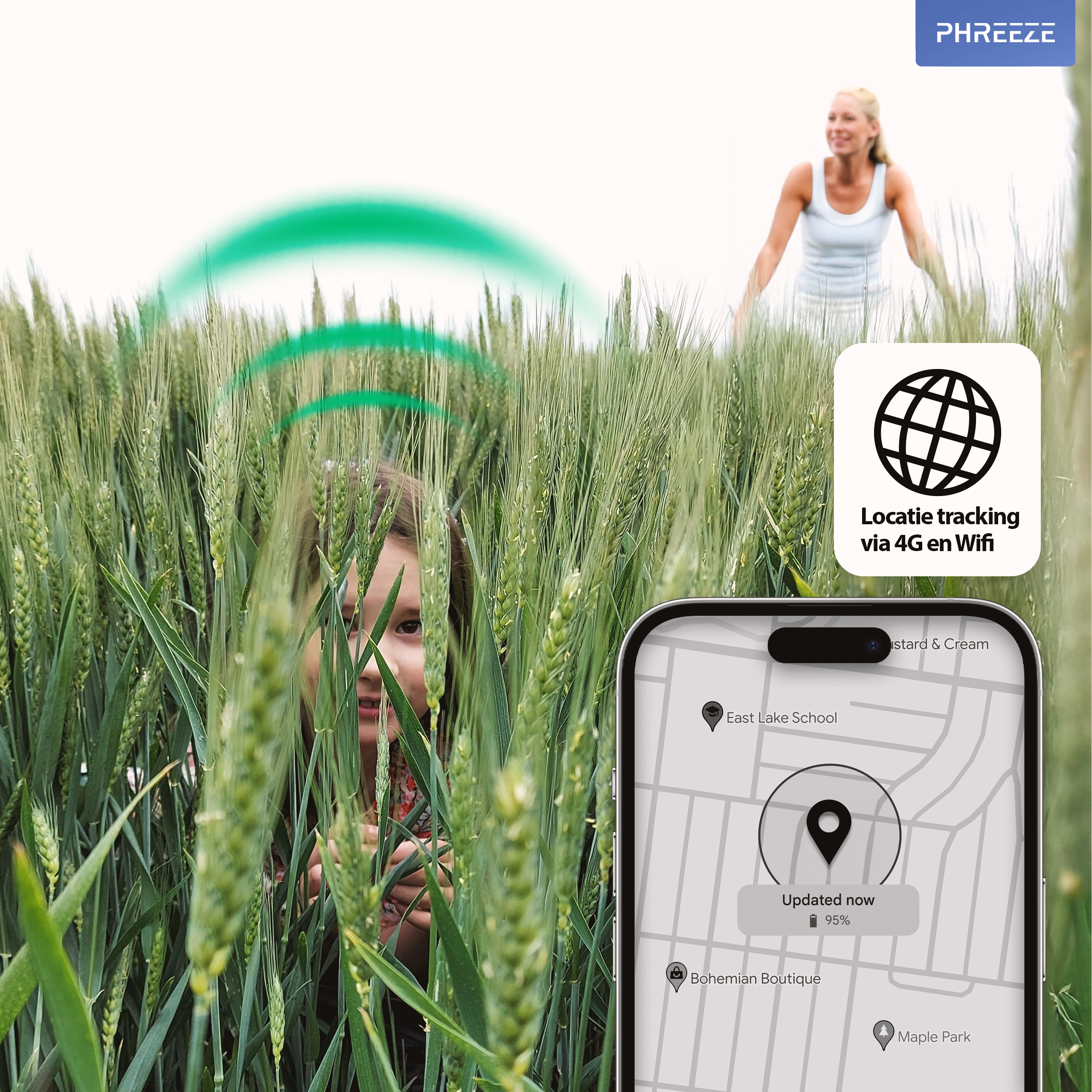 Tarweveld met een meisje dat doorloert. Een telefoon toont locatietracking via 4G en wifi. Een vrouw staat op de achtergrond.