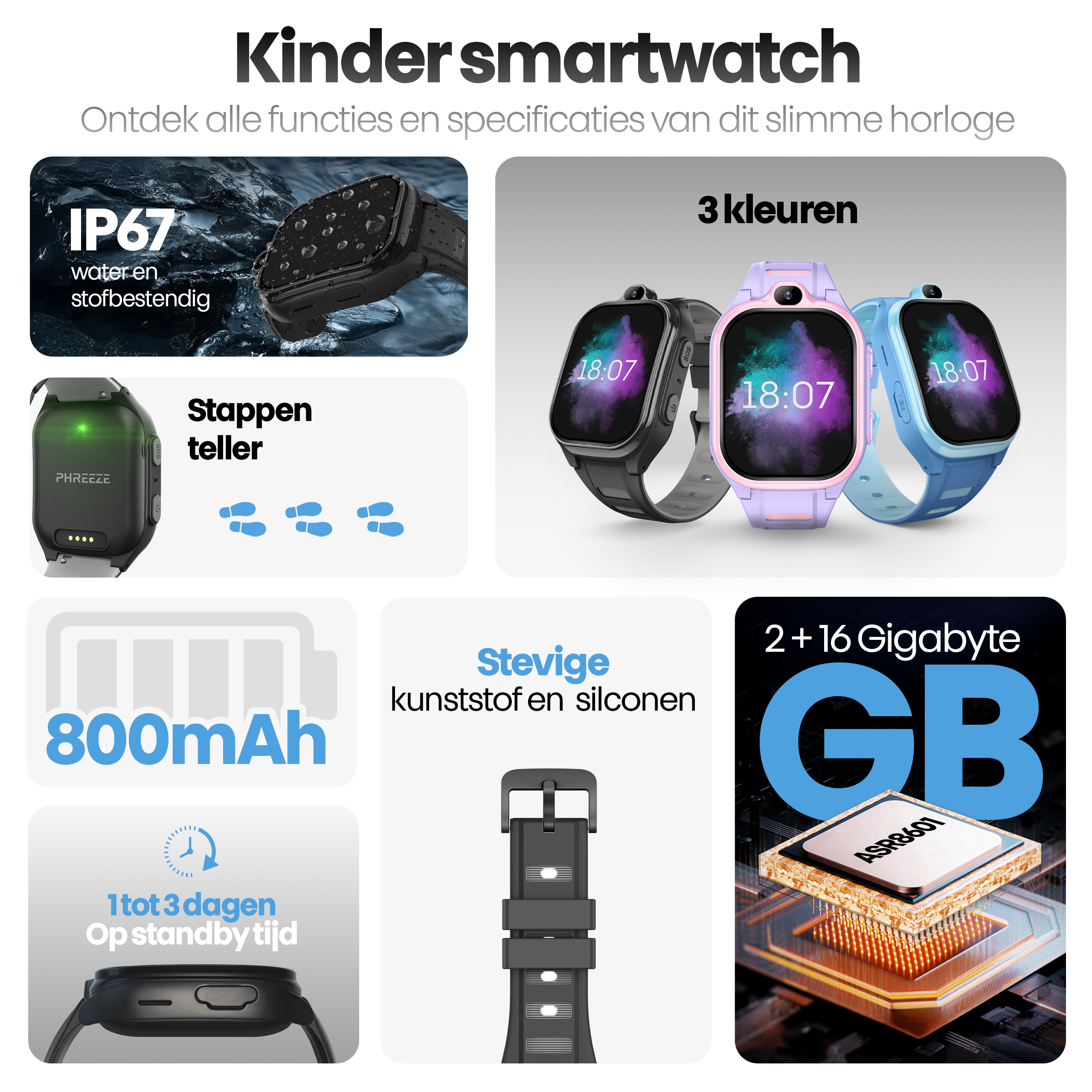 Een smartwatch-advertentie met functies zoals waterdichtheid, stappenteller, 3 kleuren, batterij en geheugen.
