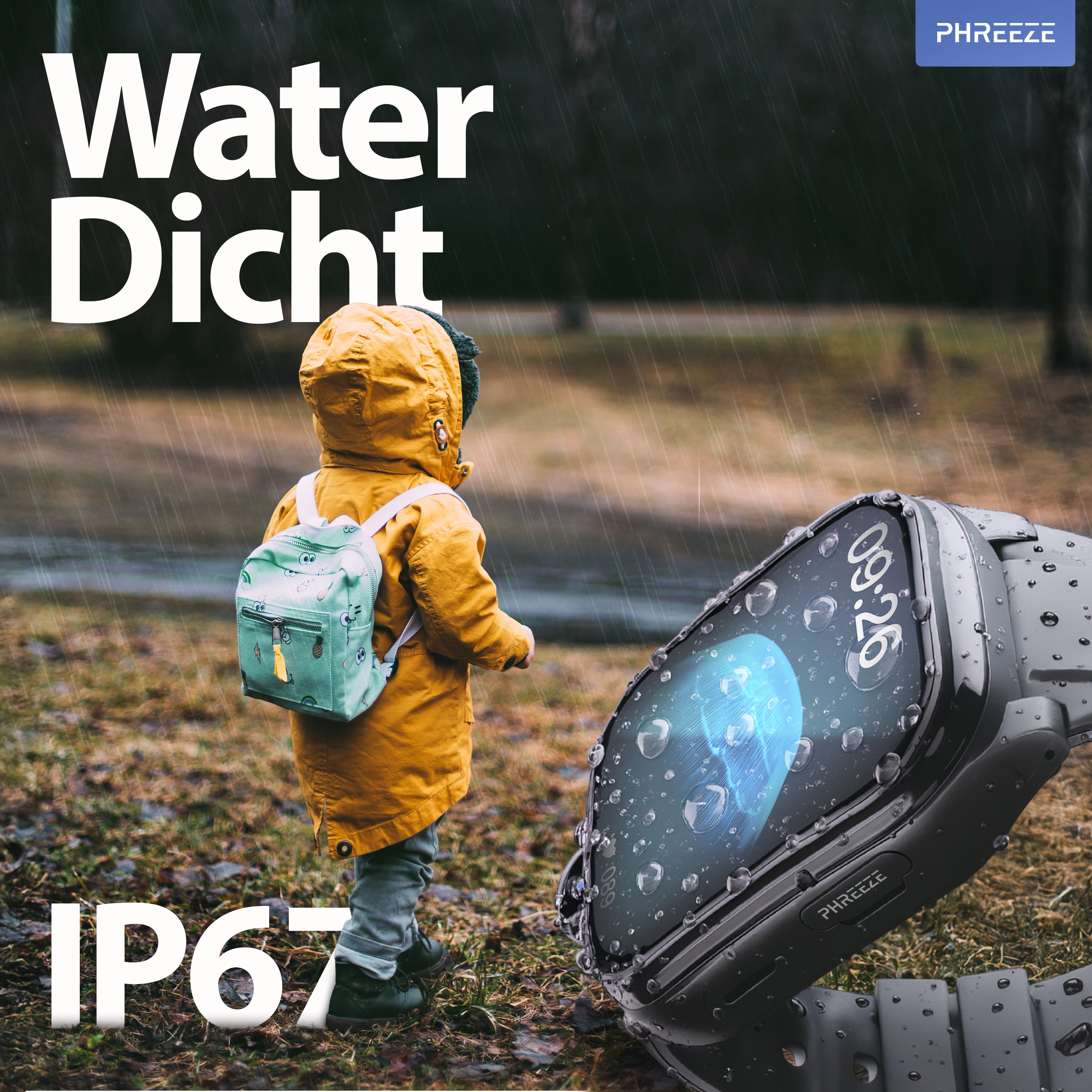Een kind in een gele regenjas met rugzak in de regen. Een waterdichte smartwatch is zichtbaar.