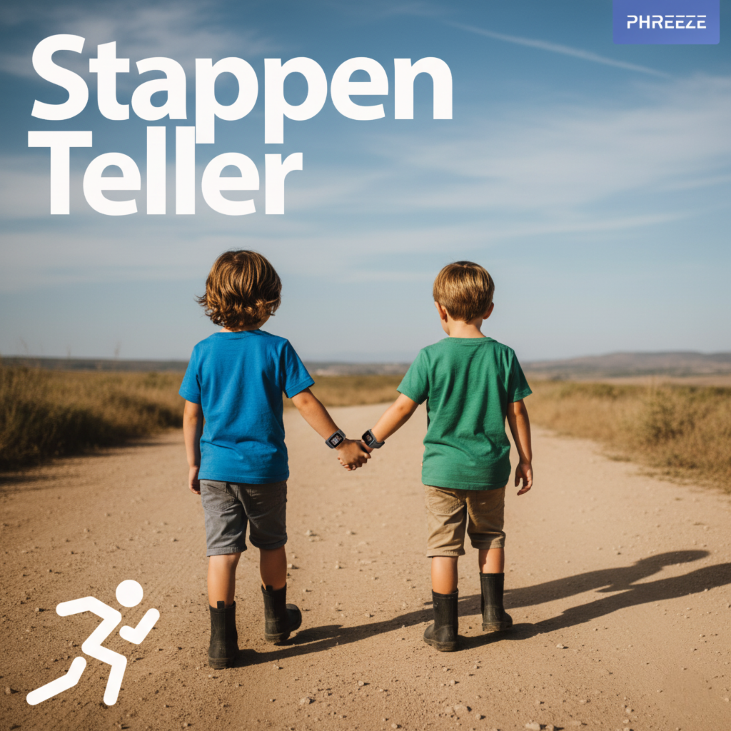 Twee jongens hand in hand, lopen op een zandweg. Ze dragen smartwatches. Tekst 'Stappen Teller' en een hardlooplogo.