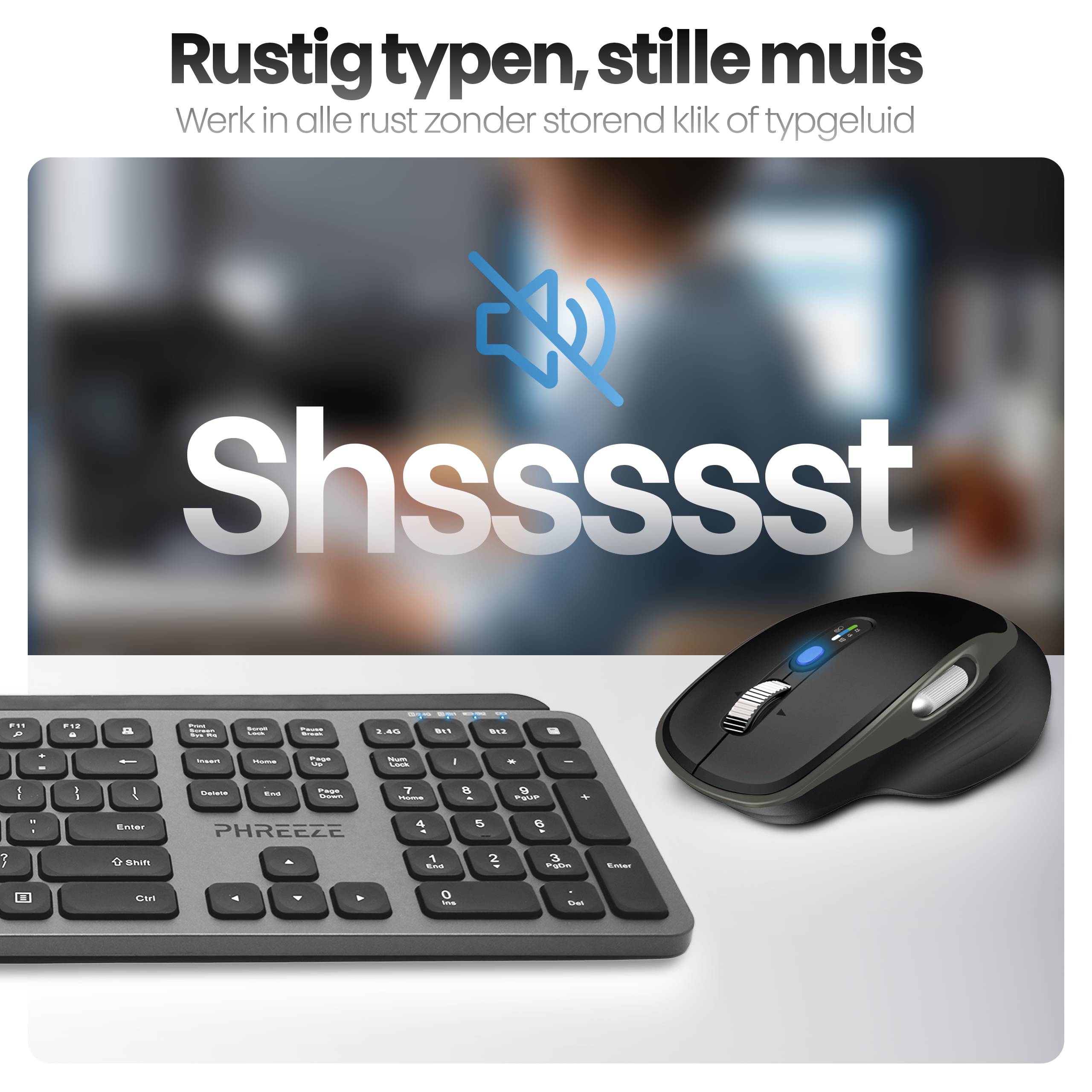 Een toetsenbord en muis op een wit bureau. De afbeelding heeft tekst met 'Rustig typen, stille muis'.