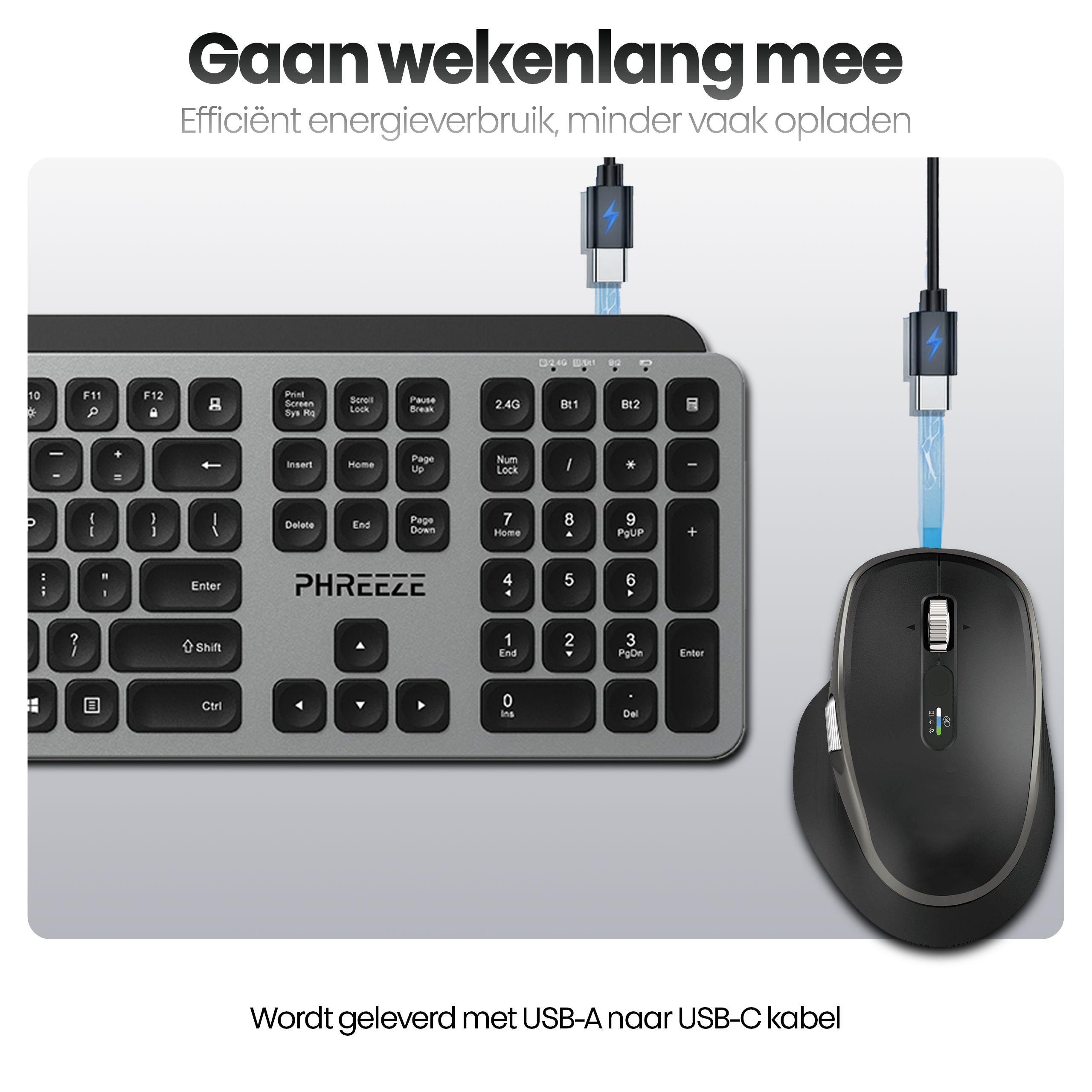 Een toetsenbord- en muisset. Beide zijn zwart en grijs. USB-C-kabels zijn in beide gestoken.