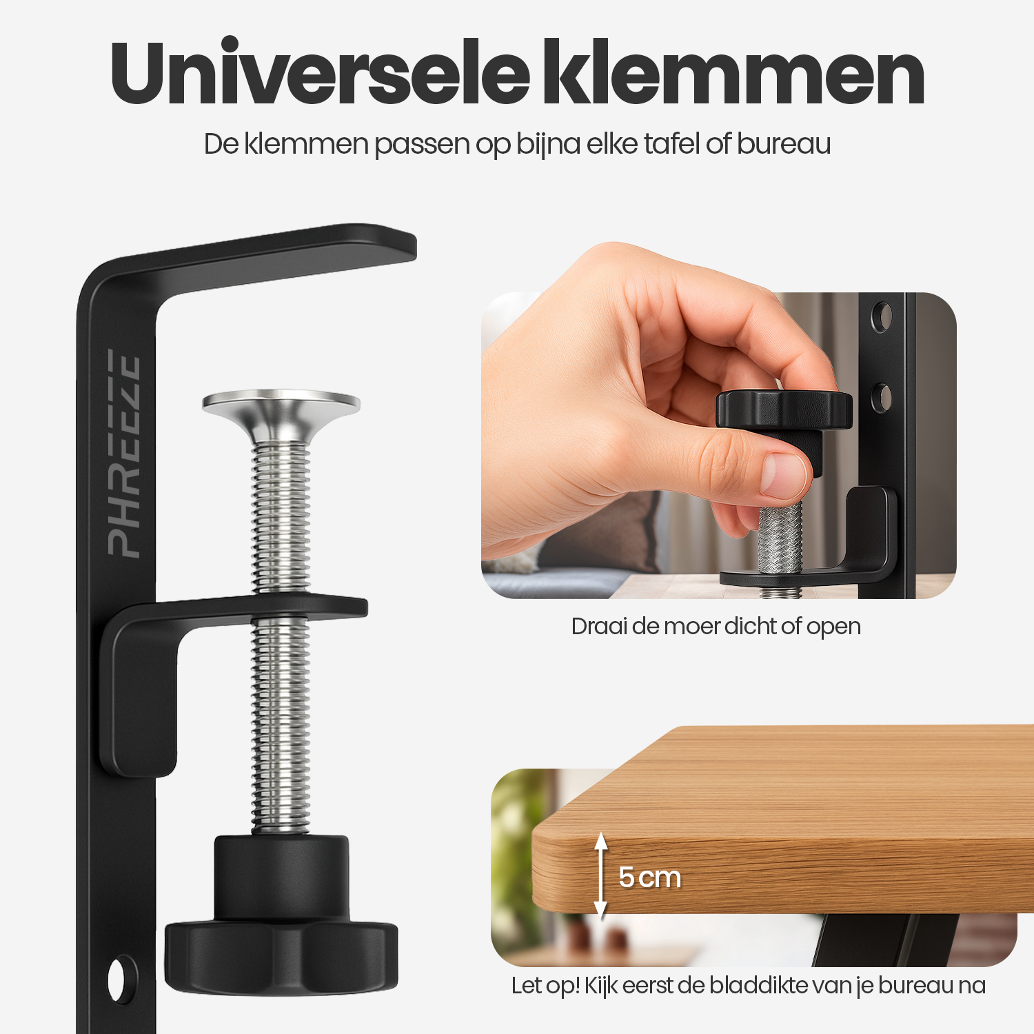 Zwarte klem met schroef, hand draait knop, houten tafel detail, tekst: 'Universele klemmen'. Instructies om een schroef aan te draaien.