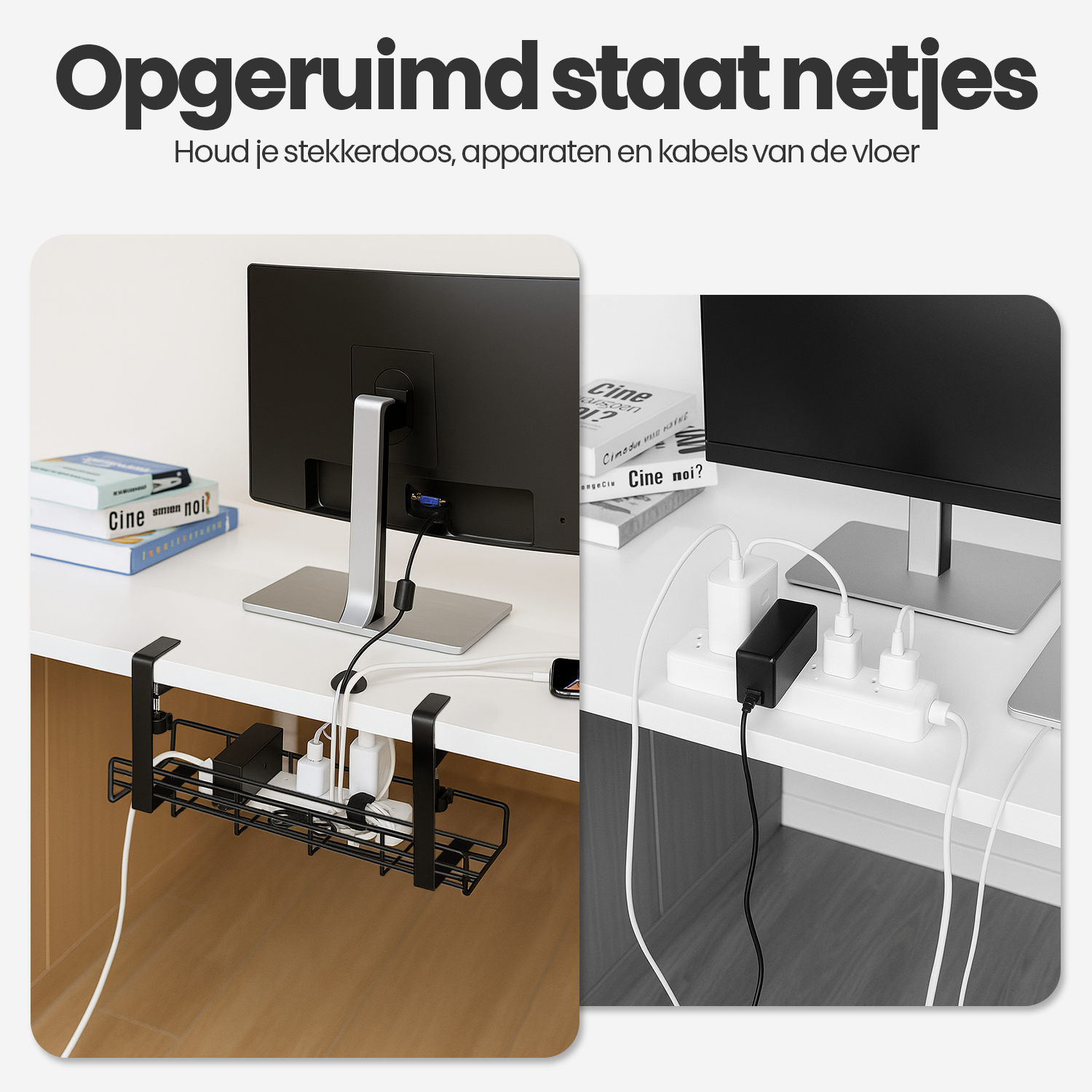 Een bureau met monitor, stekkerdozen en georganiseerde kabels. Zwart metalen mandje houdt kabels vast, voor een opgeruimd bureau.