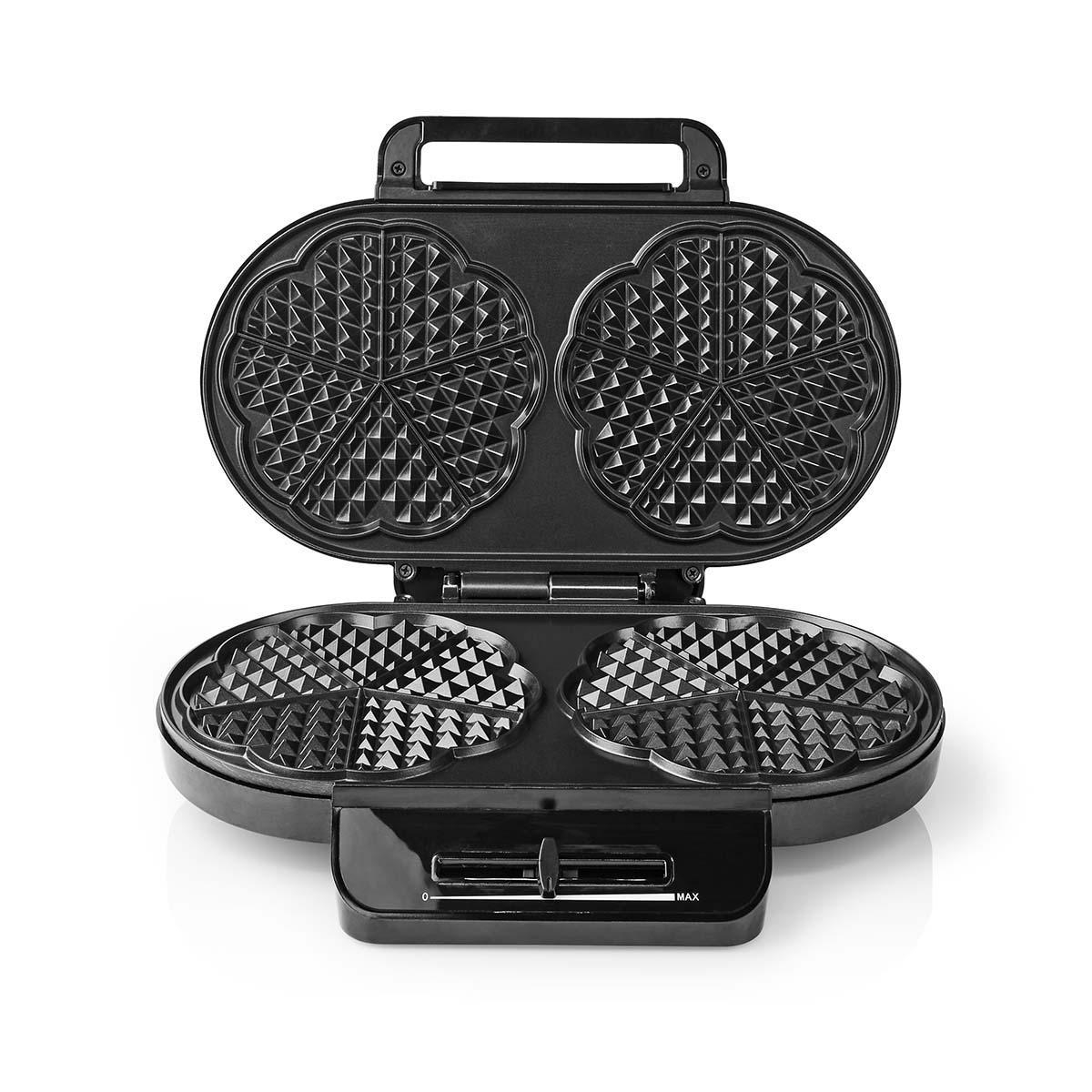 Waffle maker nero, aperto. Sono visibili due stampi per waffle sopra e sotto. Un cursore per il controllo della temperatura è in basso.