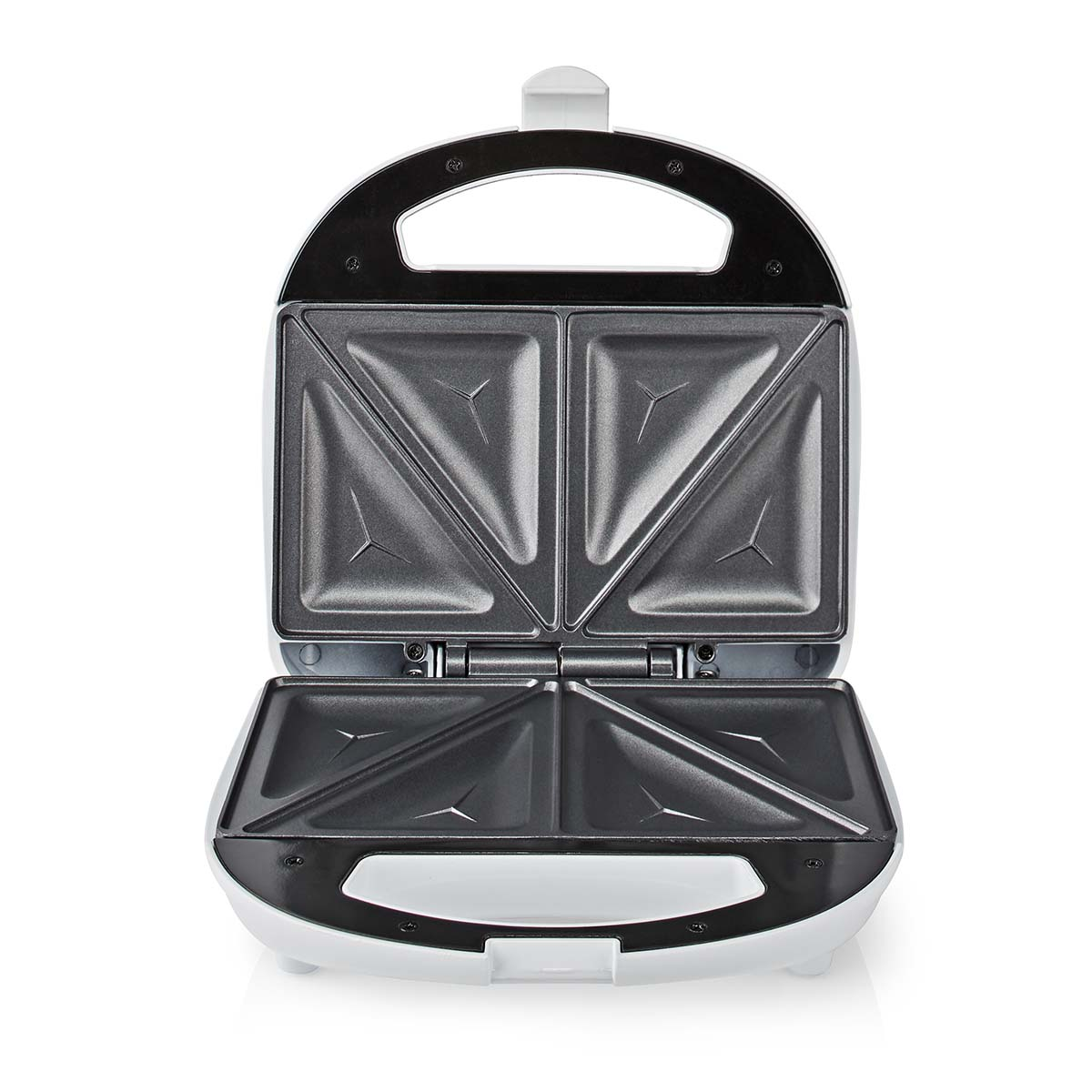 Offener weißer Sandwichmaker. Er hat schwarze Innenplatten, einen schwarzen Griff und ein weißes Kunststoffgehäuse. Die Oberseite ist angehoben.
