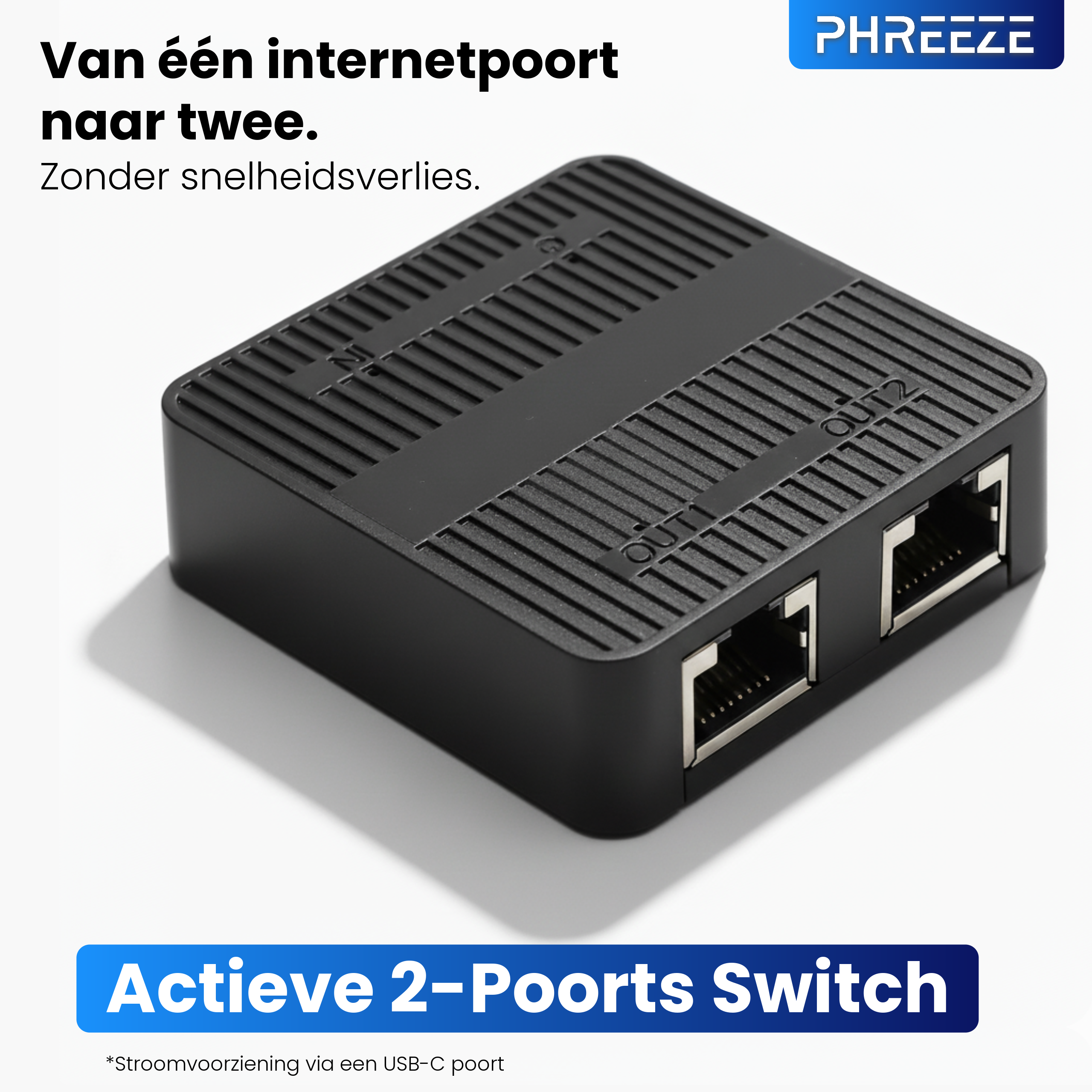Een zwarte netwerkswitch met twee uitgangspoorten. Tekst luidt 'Actieve 2-Poorts Switch'.