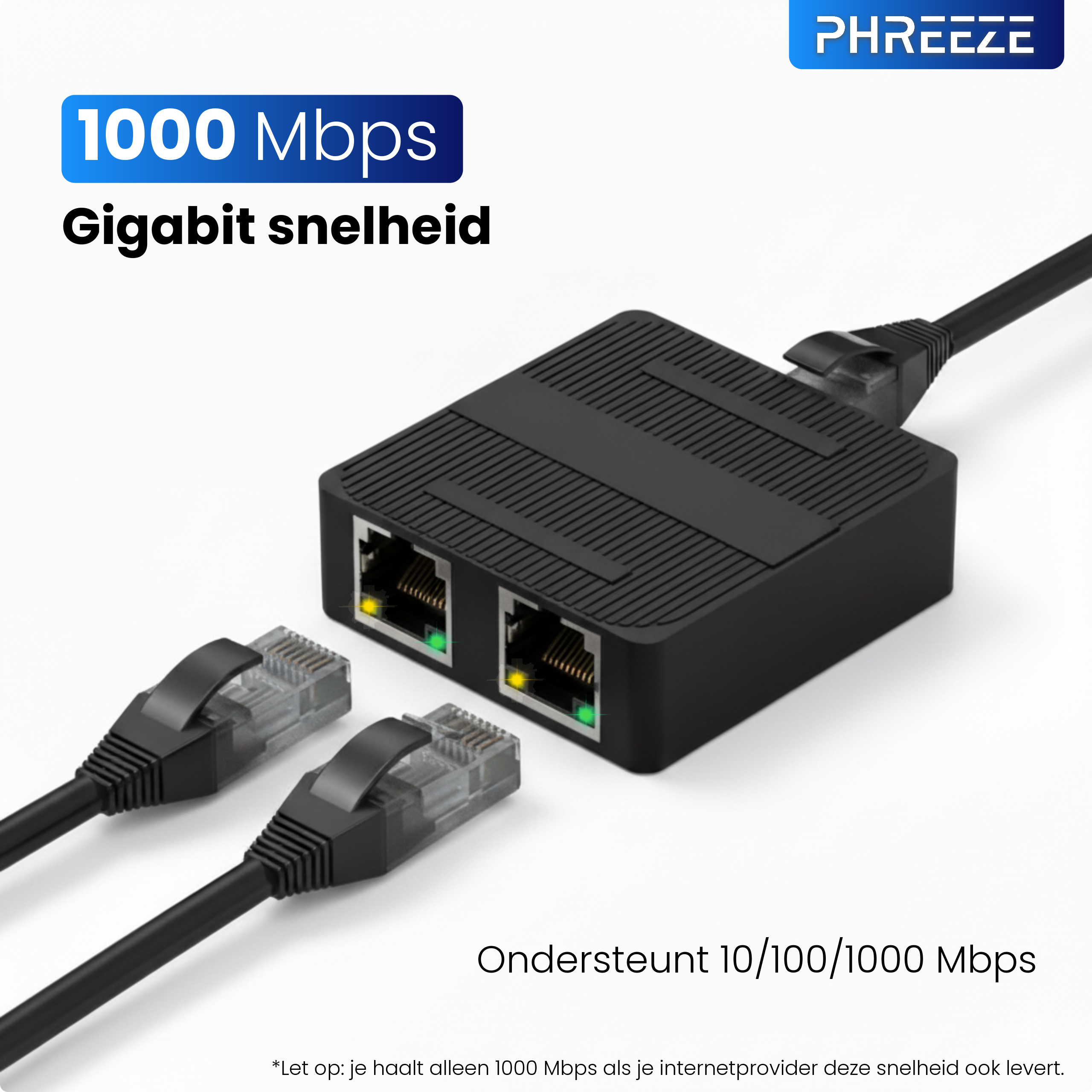 Een zwarte netwerksplitter met twee aangesloten Ethernet-kabels. De tekst geeft 1000 Mbps snelheid aan.