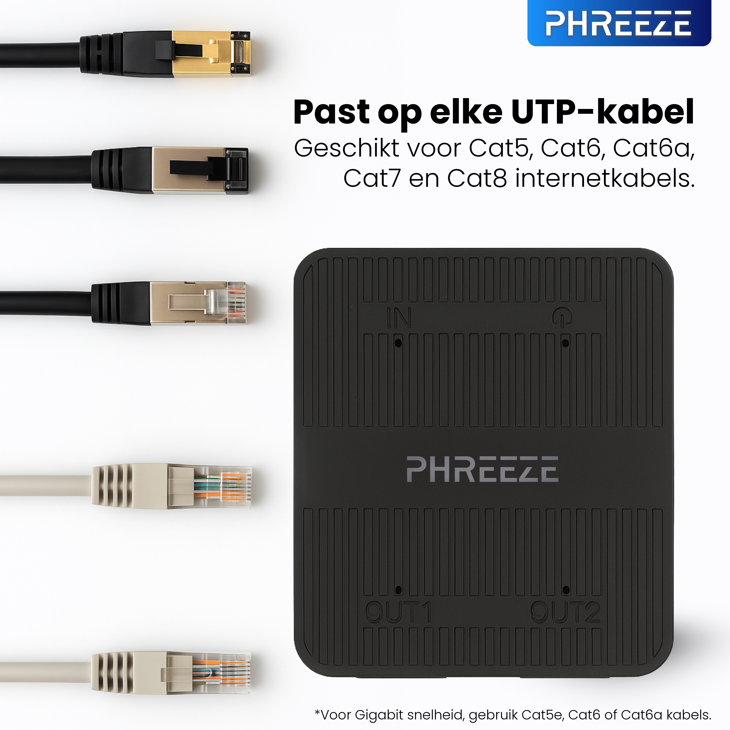Afbeelding toont netwerkkabels en een zwart apparaat. Tekst luidt 'Past op elke UTP-kabel' en kabeltypes.