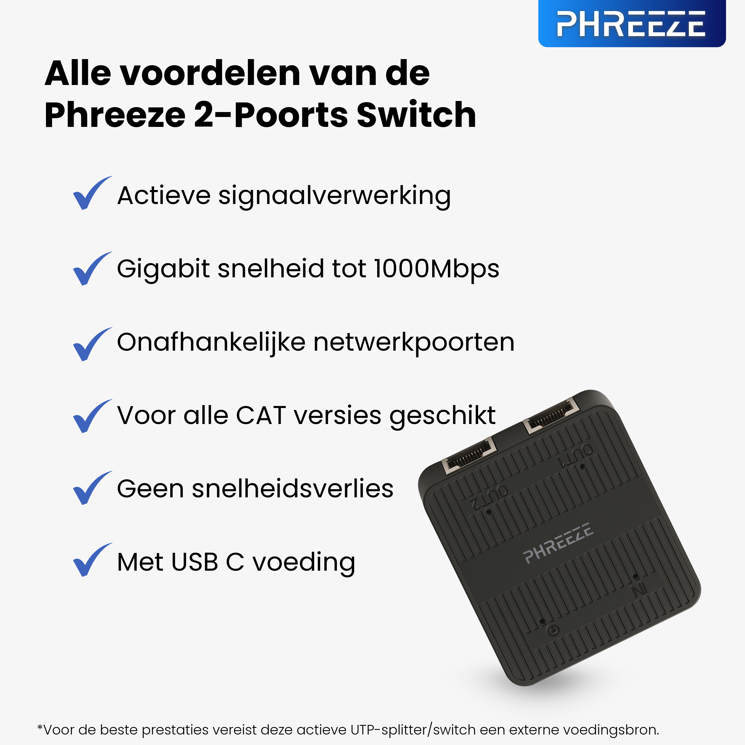 De afbeelding toont een zwarte Phreeze 2-poorts switch met functies. De achtergrond is wit.