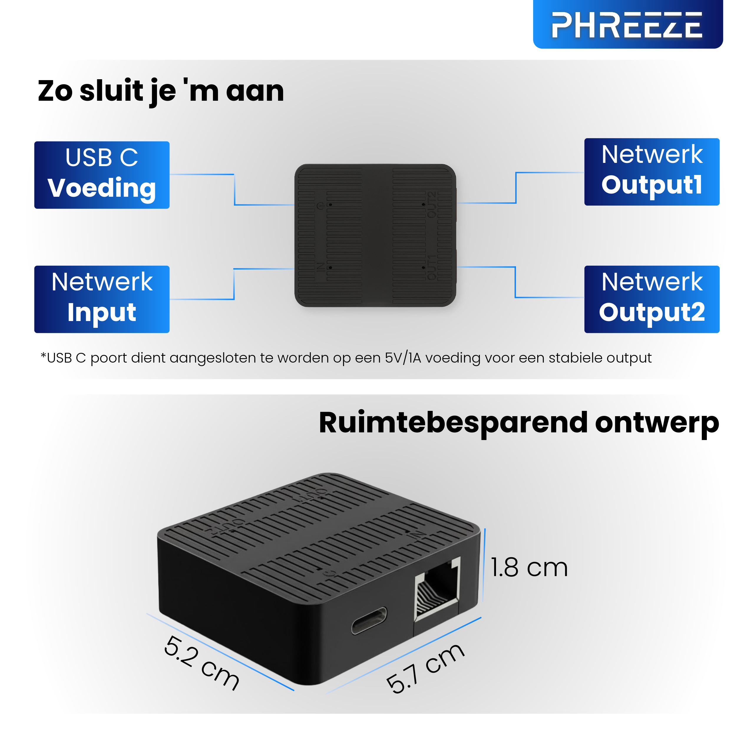 Zwarte netwerkadapter met USB-C- en Ethernetpoorten. Labels omvatten netwerkinvoer/-uitvoer en USB-C-voeding.