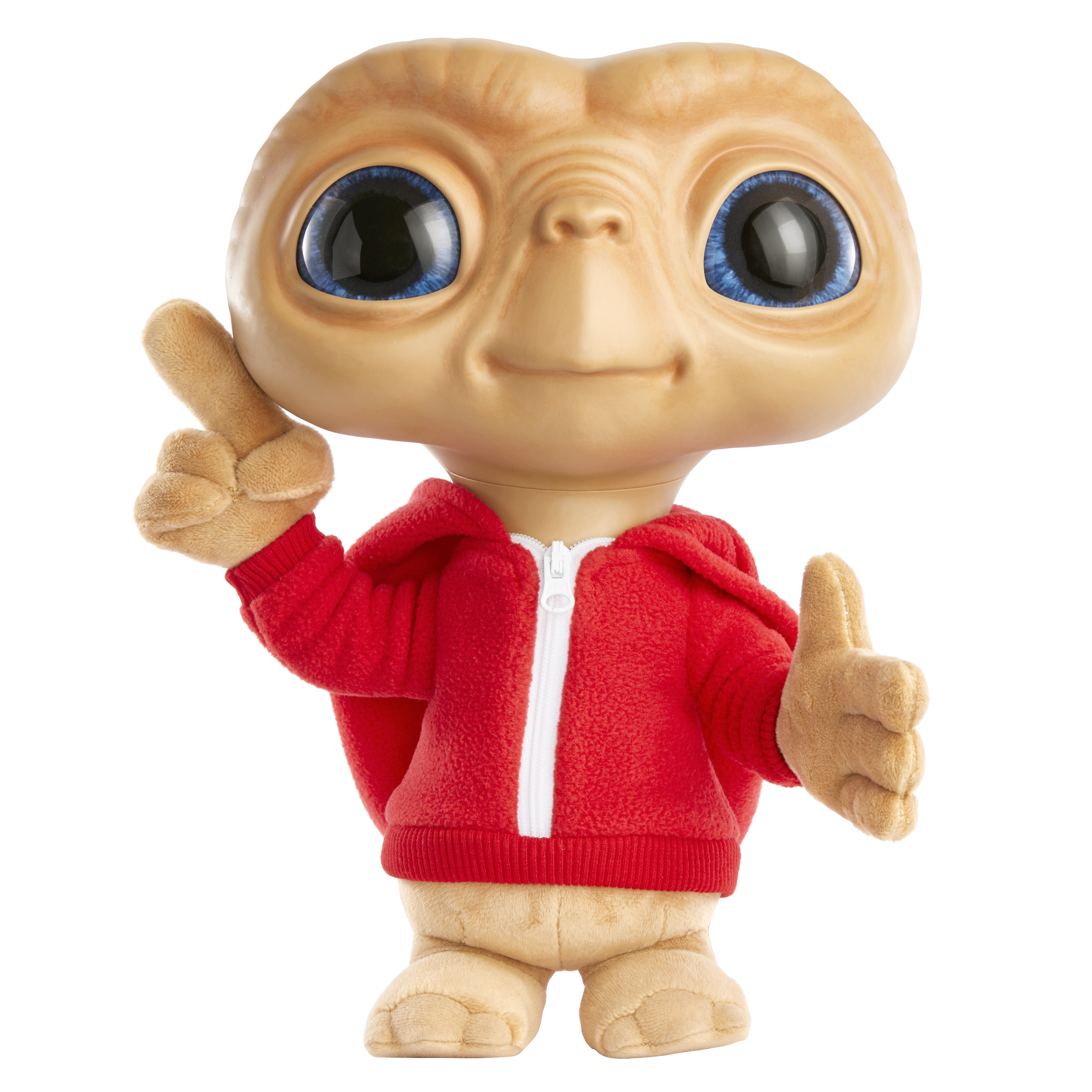 ET-Puppe mit großen blauen Augen, rotem Kapuzenpullover und Daumen hoch. Hintergrund weiß.