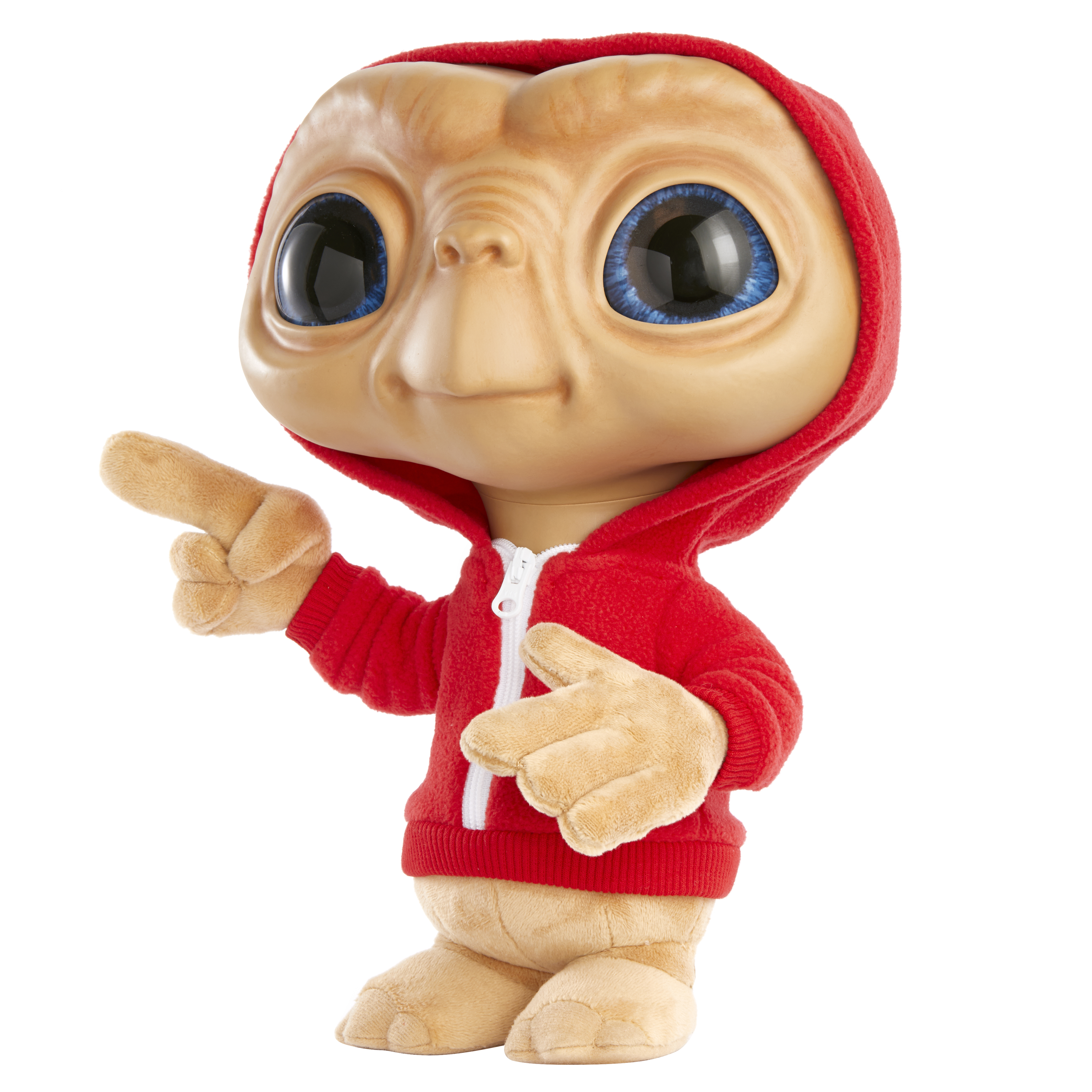 Ein E.T.-Plüschtier mit rotem Kapuzenpullover, das mit zwei Fingern zeigt. Große blaue Augen und braune Haut sind sichtbar.