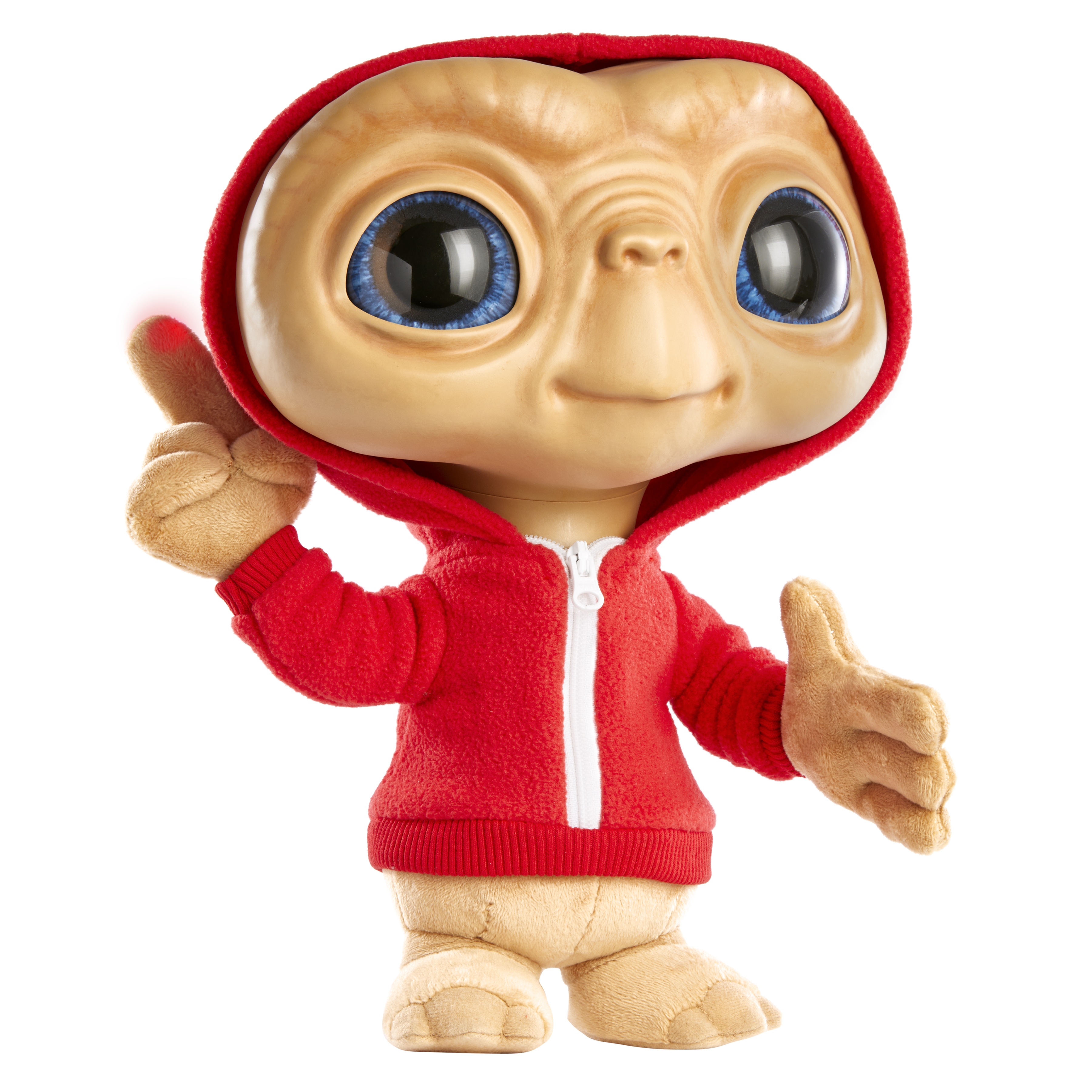 E.T.-Puppe mit rotem Kapuzenpullover. Sie hat große blaue Augen, braune Haut und gibt einen Daumen hoch. Weißer Hintergrund.