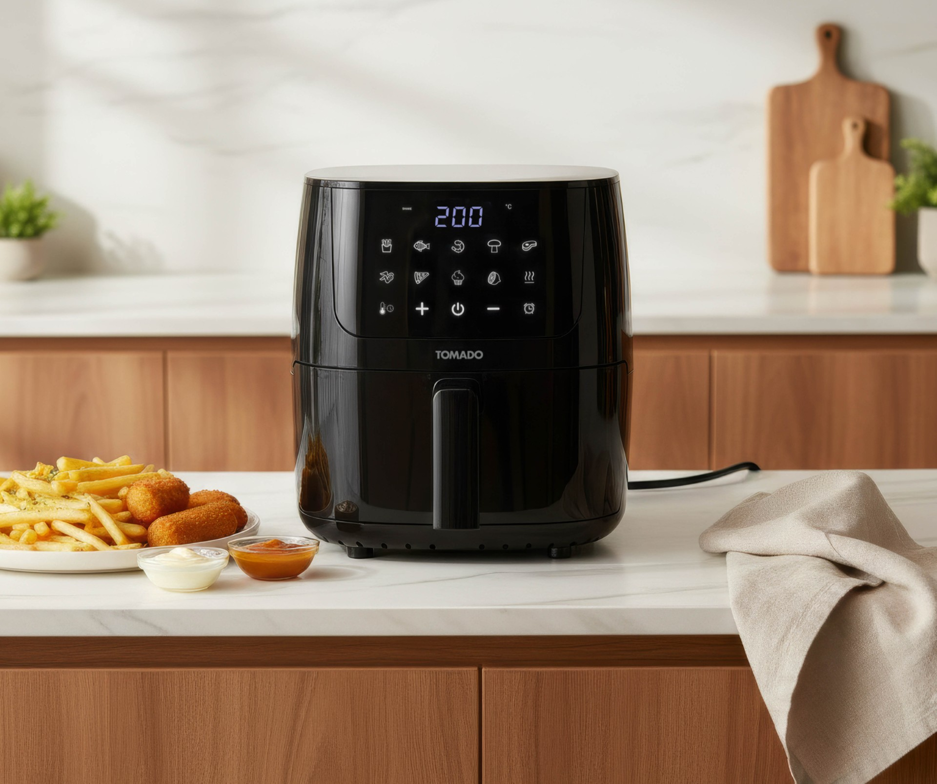 Zwarte airfryer met eten, friet en kroketten. Witte marmeren toonbank en houten kasten op de achtergrond.