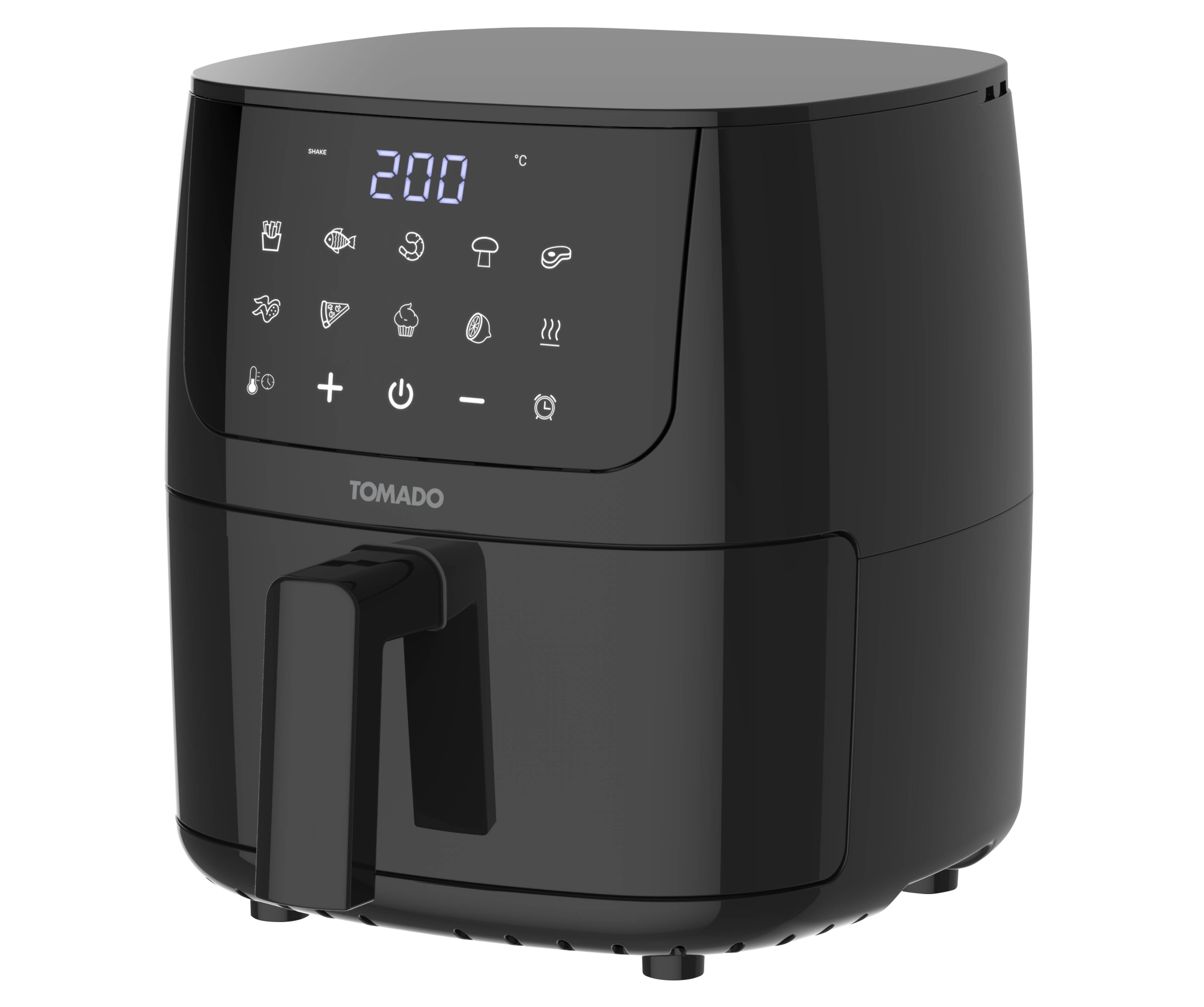 Zwarte airfryer met digitaal display van 200 graden. Met handvat en kookpictogrammen.