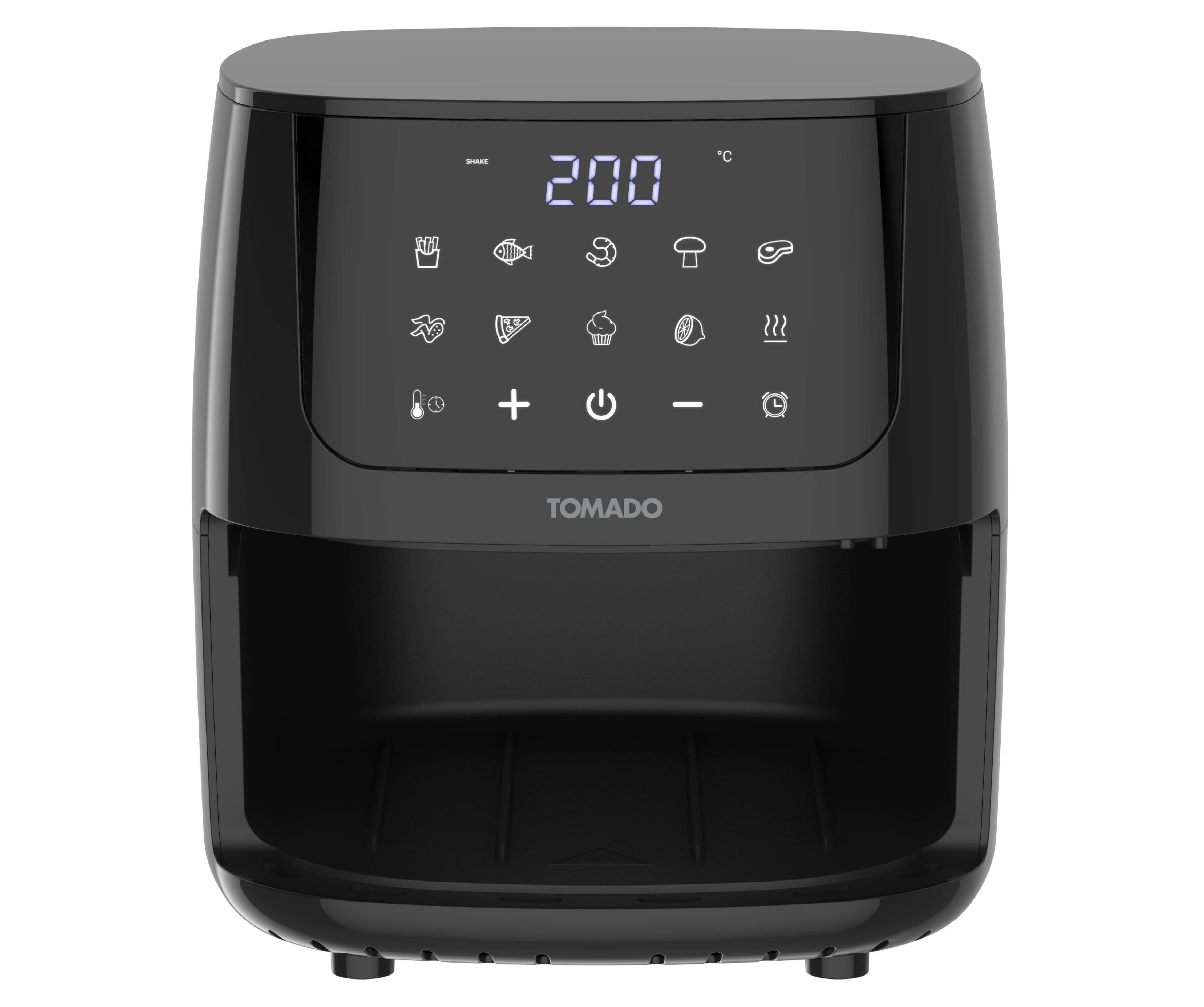Een zwarte airfryer met een digitale display die 200 graden aangeeft. Pictogrammen zijn onder meer friet, vis en een timer.