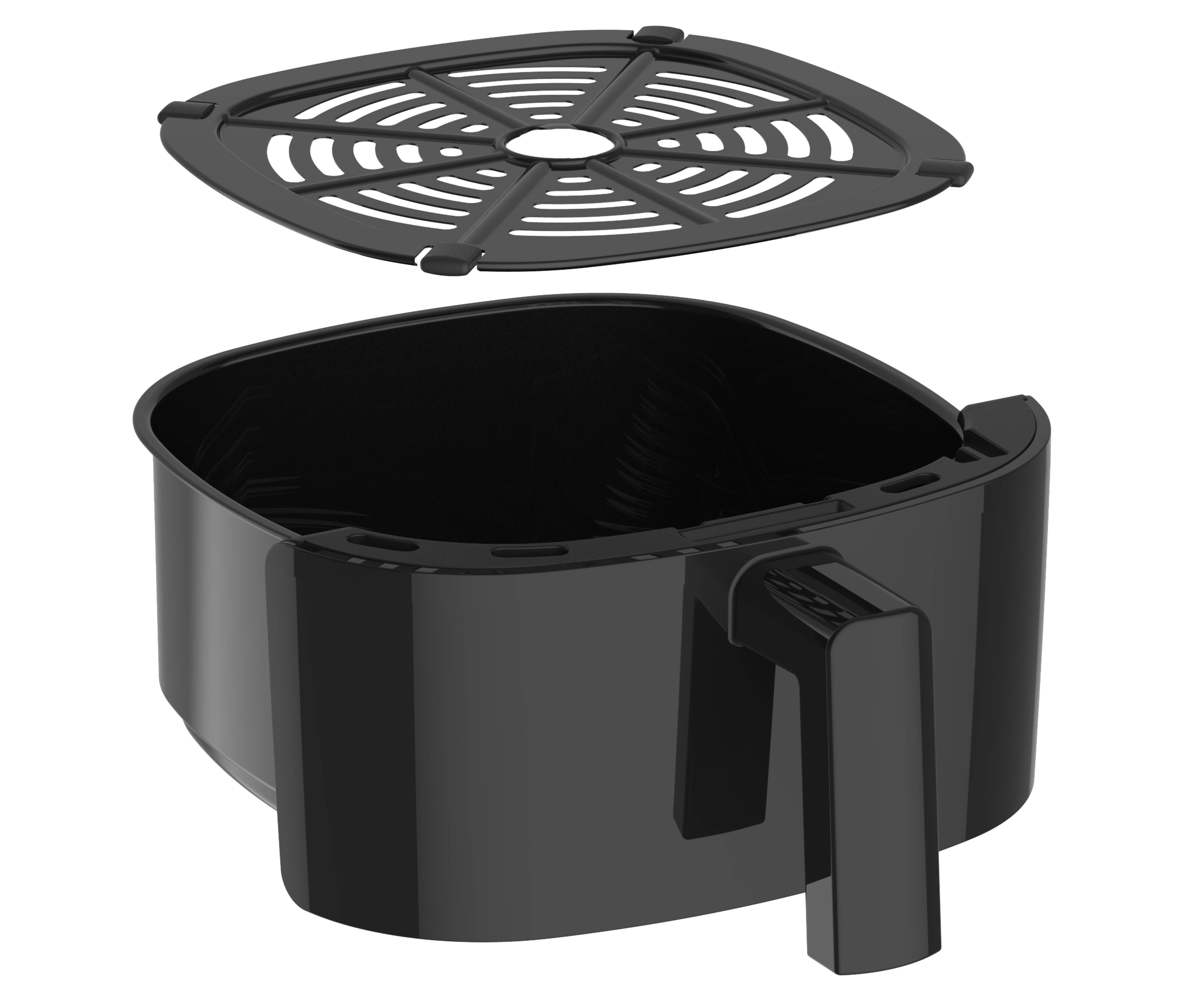 Een zwarte airfryer, gedemonteerd. Het deksel zit boven de hoofdbehuizing. Beide onderdelen zijn zwart.