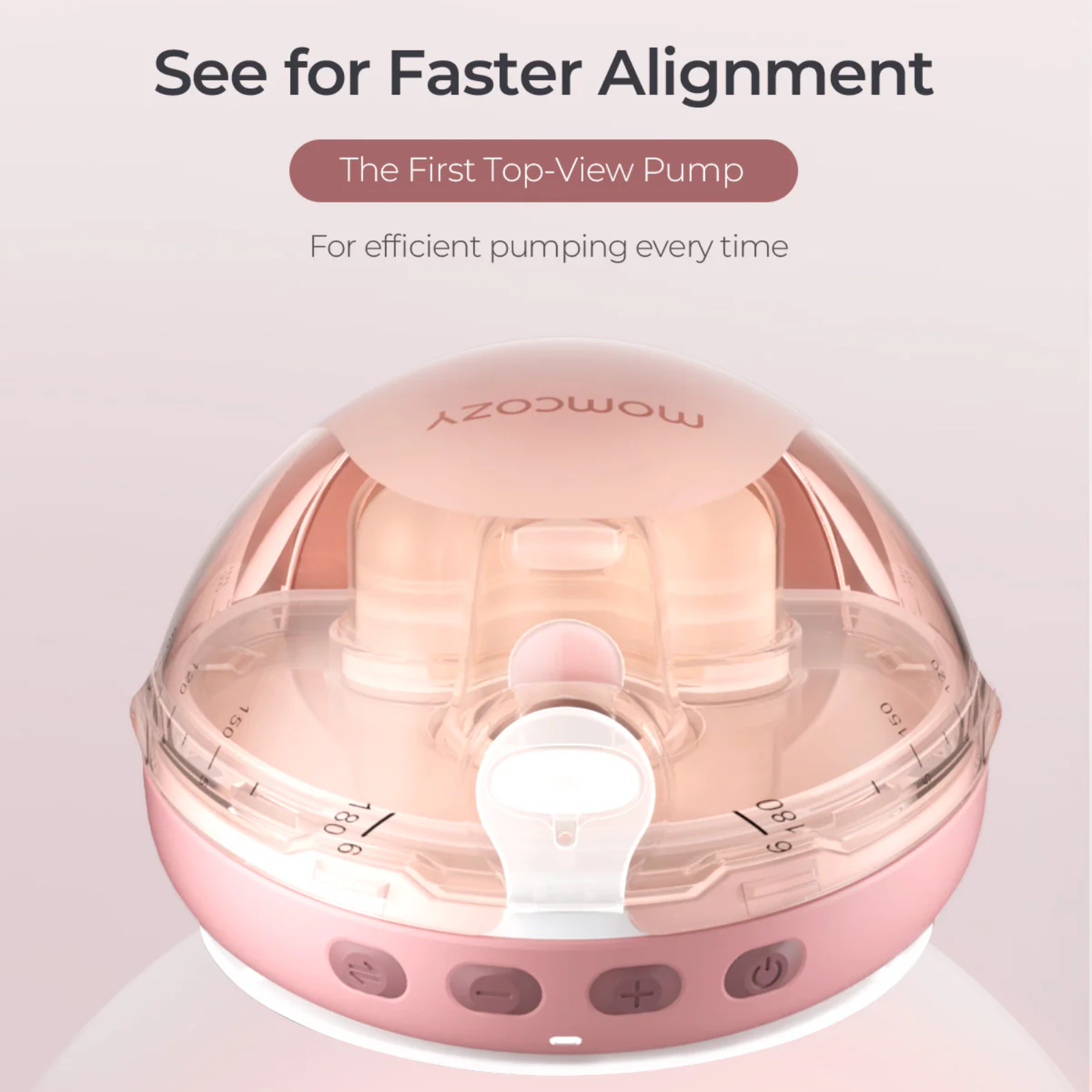 A pink and clear breast pump with buttons and measurements, top-view design, with text: 'momcozy'.