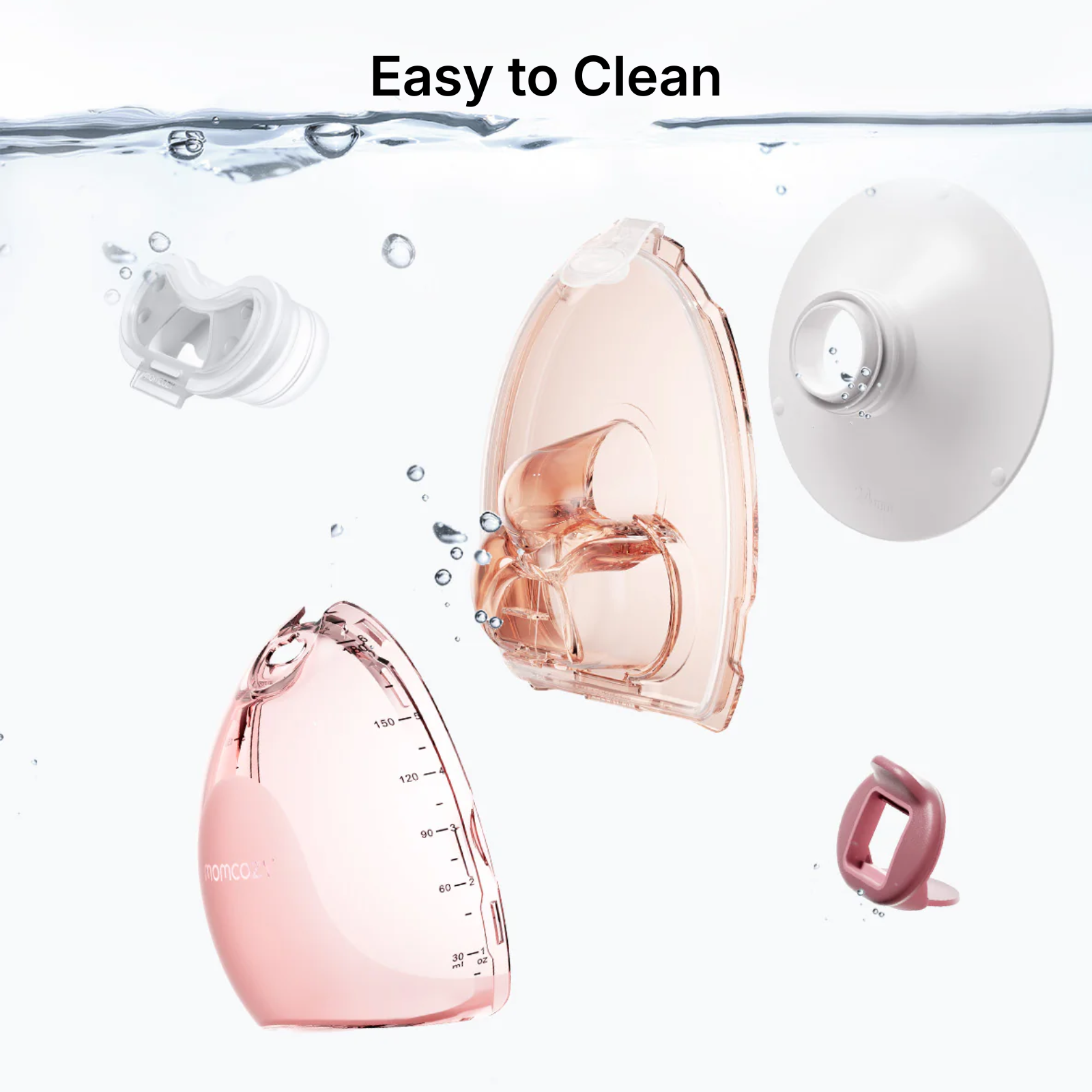 Image shows disassembled breast pump parts in water. Various pink and white components float, with bubbles. Text 'Easy to Clean' is above.