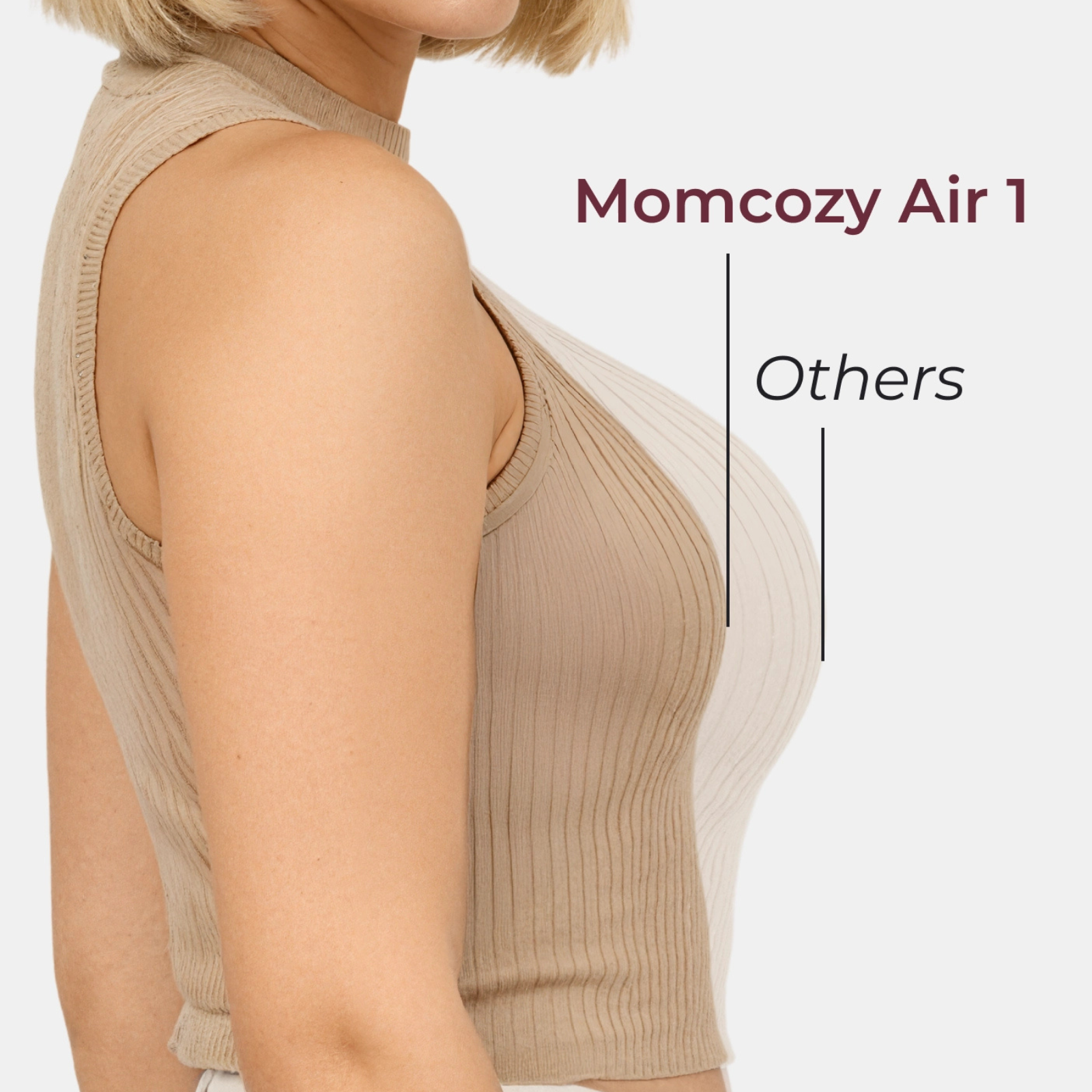 A woman wearing a beige top. Text reads 'Momcozy Air 1'.  An outline of a bra is visible.