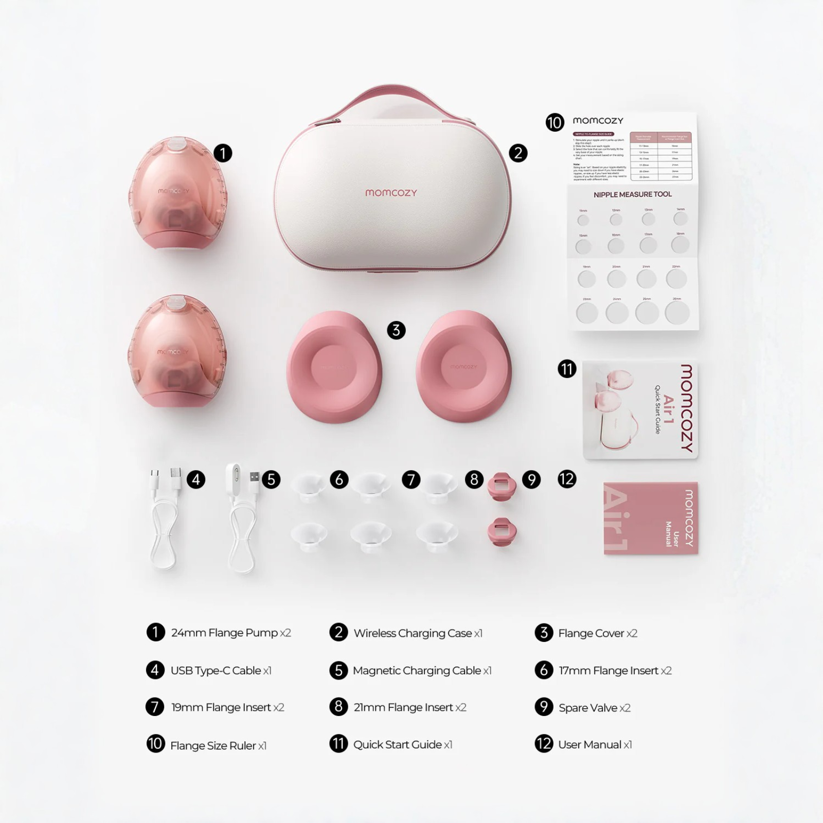 A breast pump kit with multiple components: pumps, case, cables, inserts, and manuals, all in pink and white.