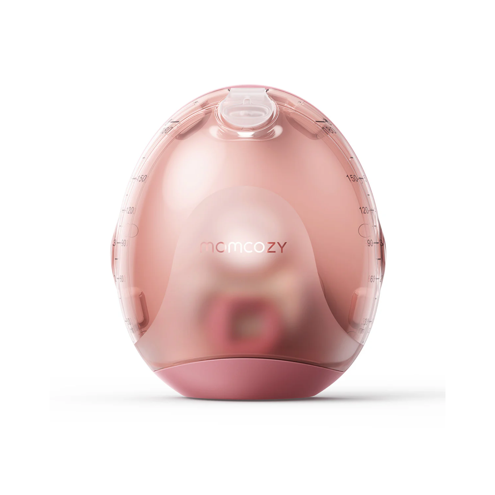 A pink breast pump with a clear top and a pink base. It has measurement markings and the logo 'momcozy'.