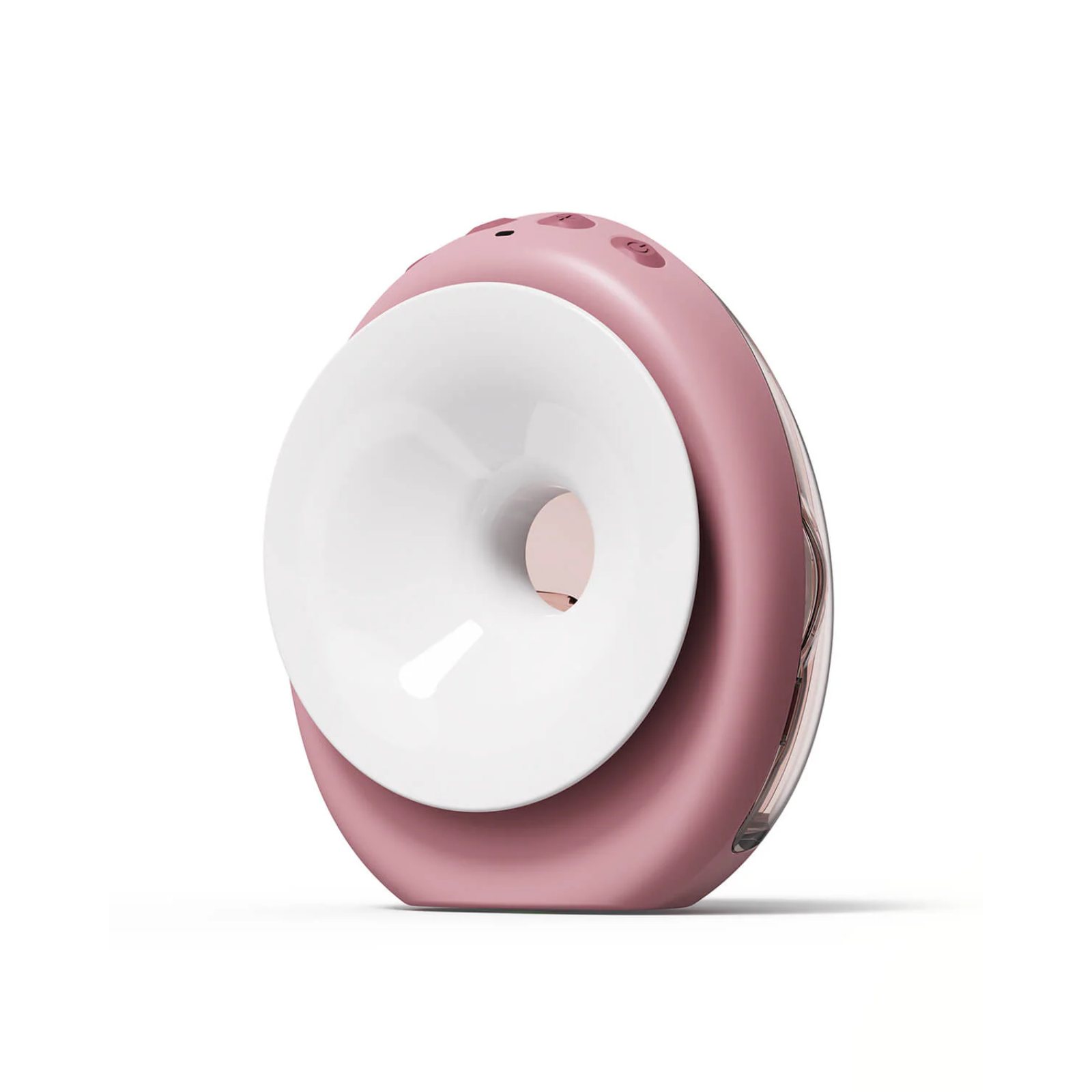 A pink and white device with a circular design. It has buttons on top and a white interior.