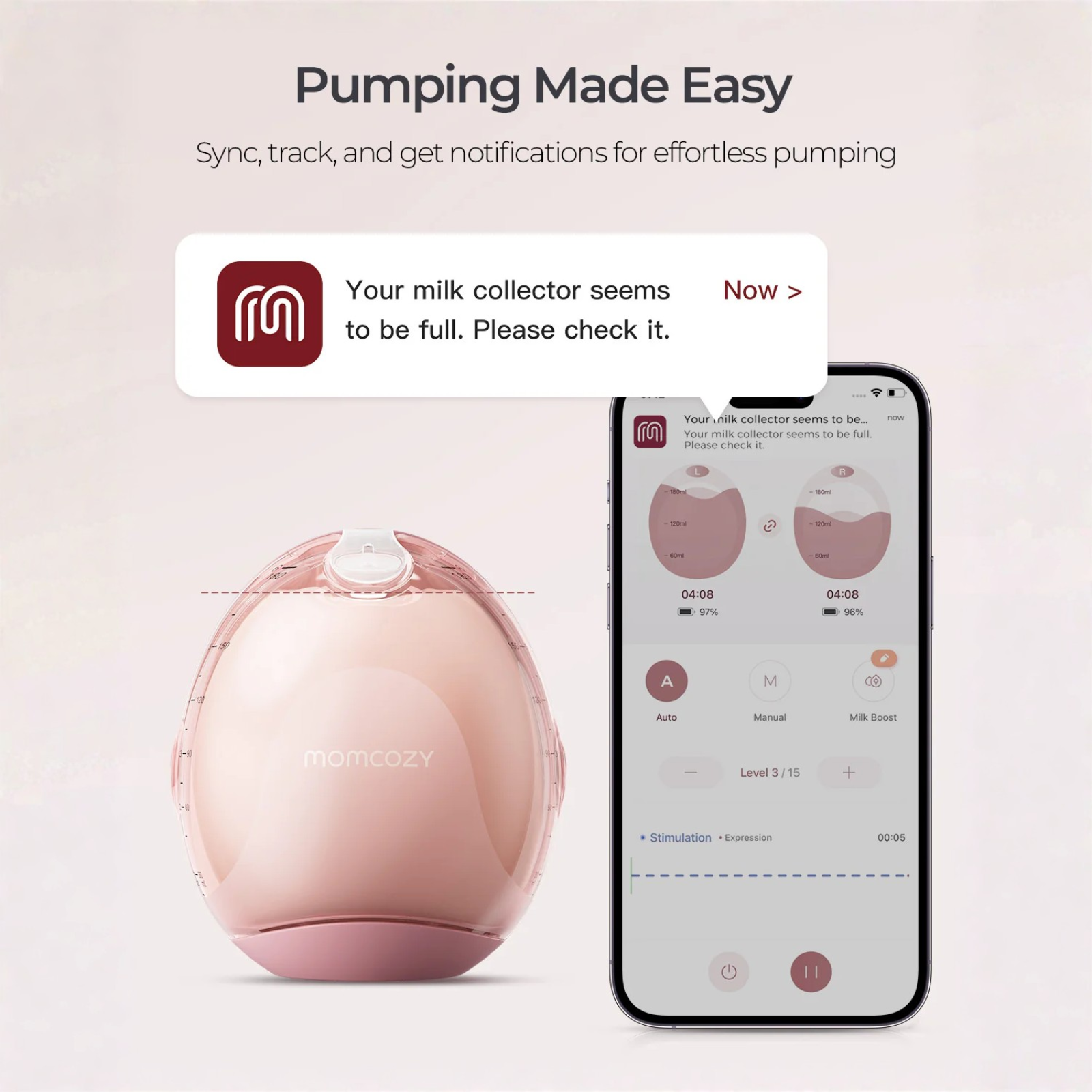 Pink breast pump with phone showing milk levels and a notification that collector is full.