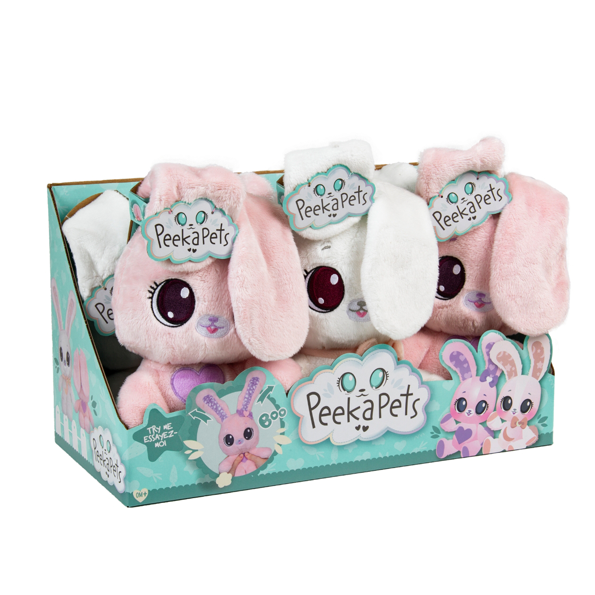 Caja de conejitos de peluche Peek-a-Pets: dos rosas y uno blanco. Cada uno tiene ojos grandes y una etiqueta de nube.