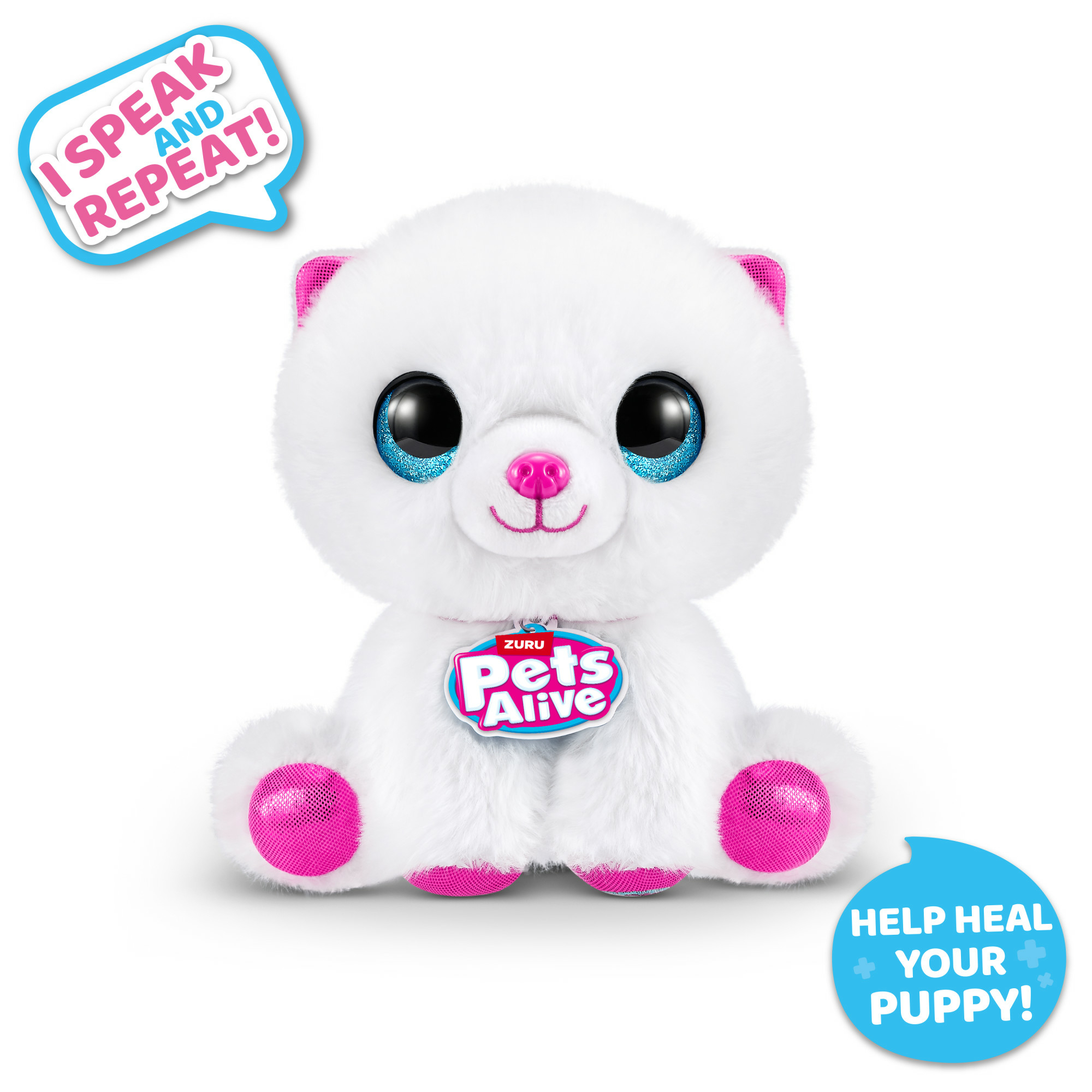 Un orsacchiotto di peluche bianco con grandi occhi, orecchie, naso e piedi rosa. I fumetti dicono "Parlo e ripeto!" e "Aiuta a guarire il tuo cucciolo!"