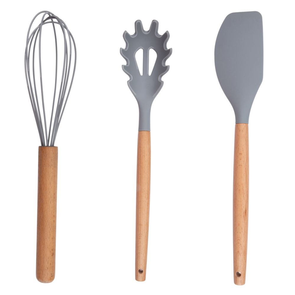 Three kitchen utensils: a whisk, a pasta server, and a spatula. Each has a wooden handle and a grey silicone head, against a white background.