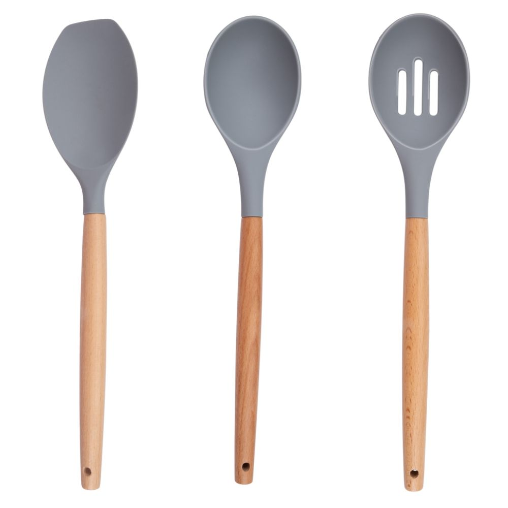 Three kitchen utensils: a spoon, a slotted spoon, and a solid spoon. All have gray heads and wooden handles.