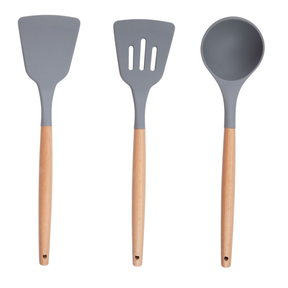 Three kitchen utensils: spatula, slotted turner, and ladle. Each has a gray head and a wooden handle. All are against a white background.