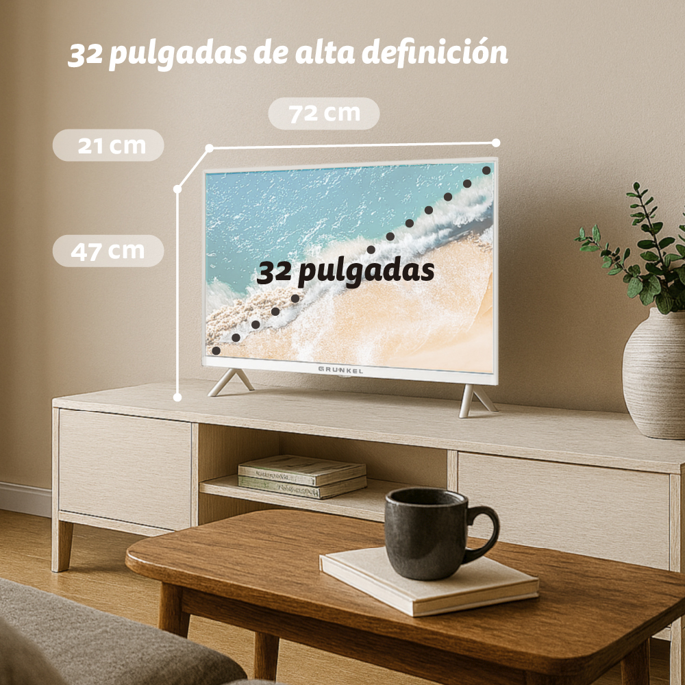 Un televisor de 32 pulgadas está en un mueble. Una mesa de centro con una taza y un libro está delante. Dimensiones mostradas.