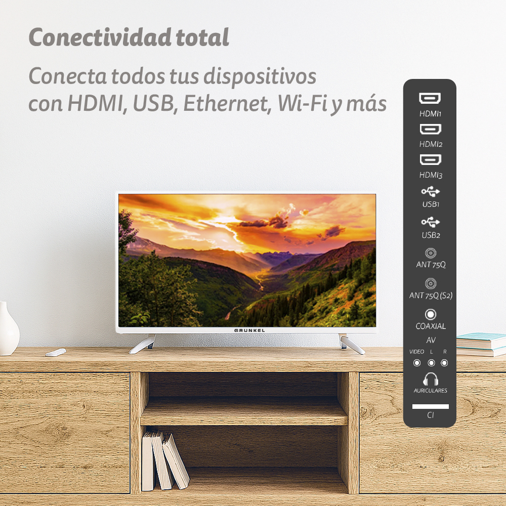 Un televisor muestra un paisaje. Está sobre un mueble de madera con un jarrón blanco, libros y un panel de conexiones.