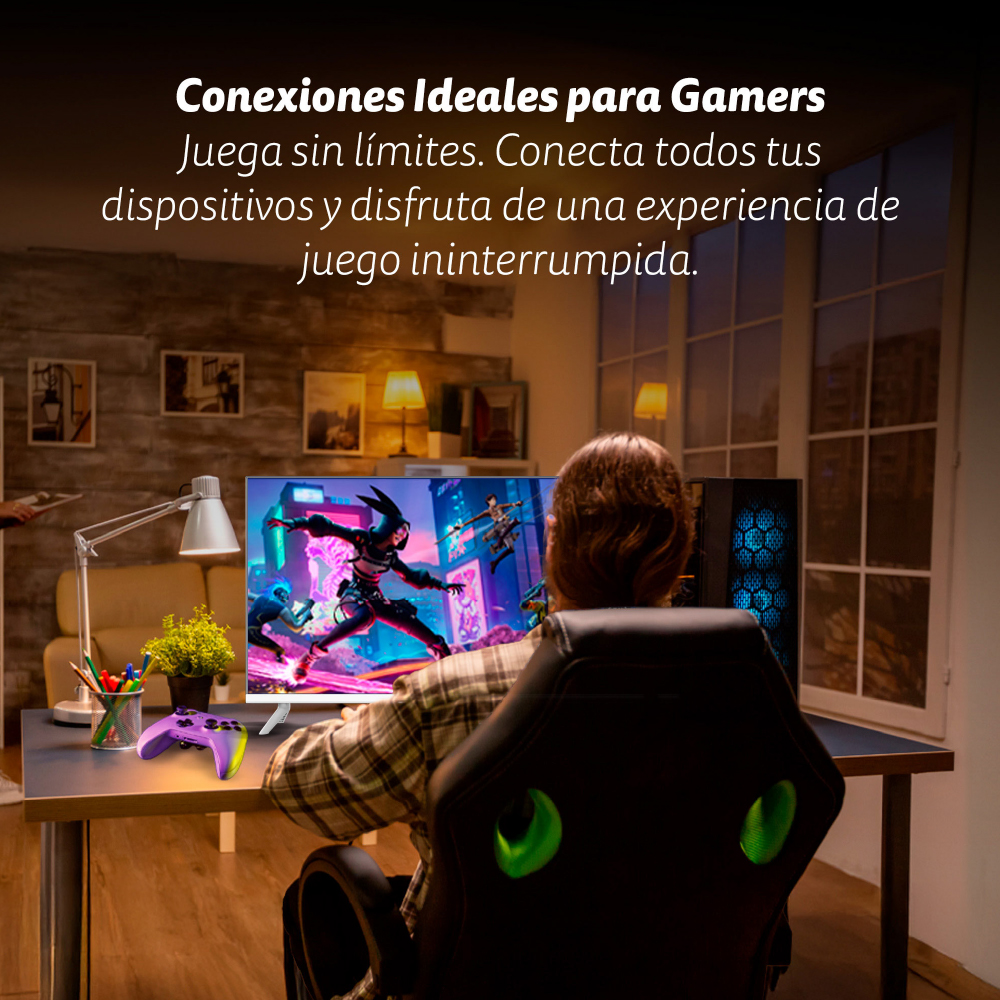 Una persona jugando, vista desde atrás. Una pantalla muestra un videojuego. Un controlador está en el escritorio. Texto: Conexiones ideales para jugadores.