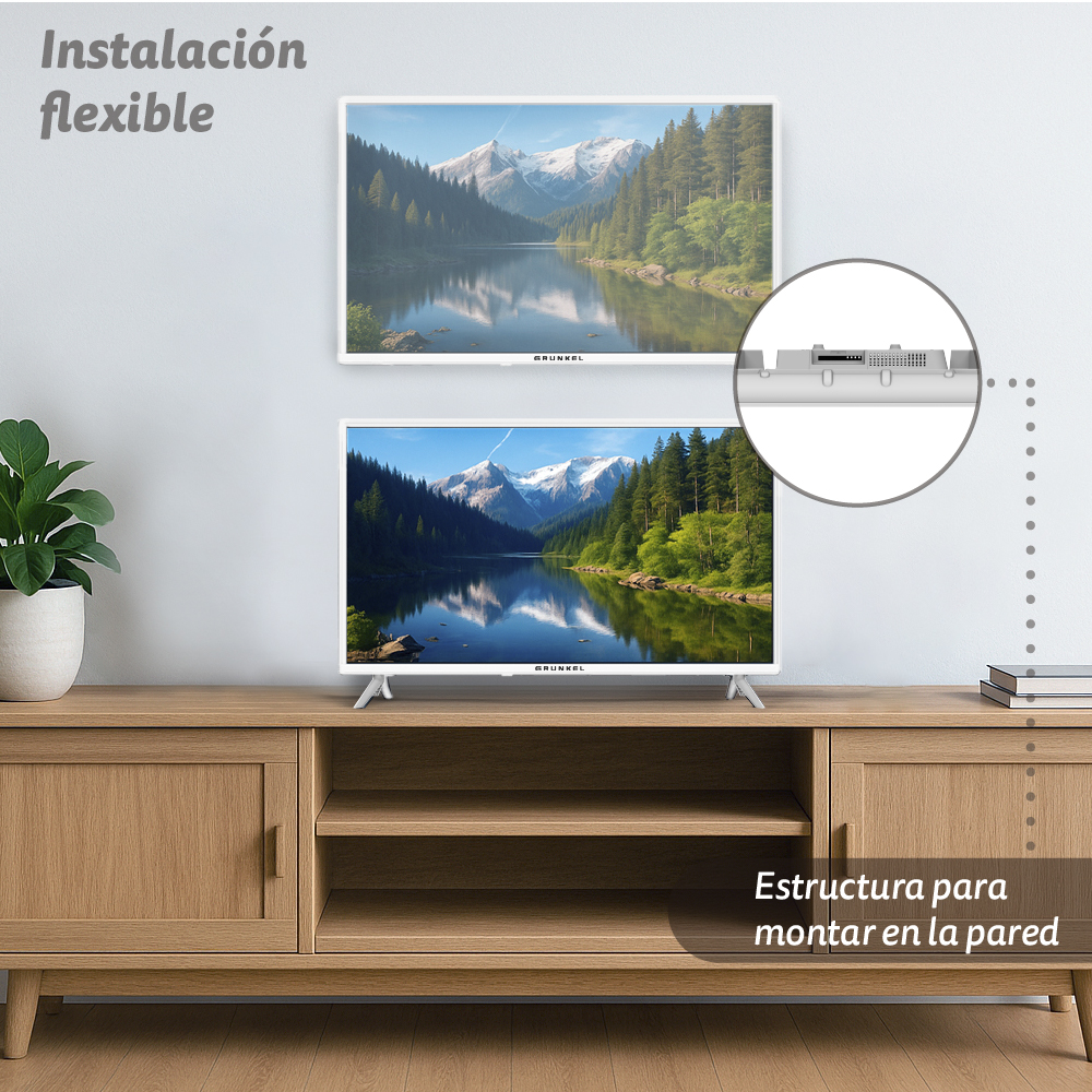 Dos televisores con escena de lago de montaña, uno montado en la pared, otro en un mueble de madera, con una planta. Detalle trasero.