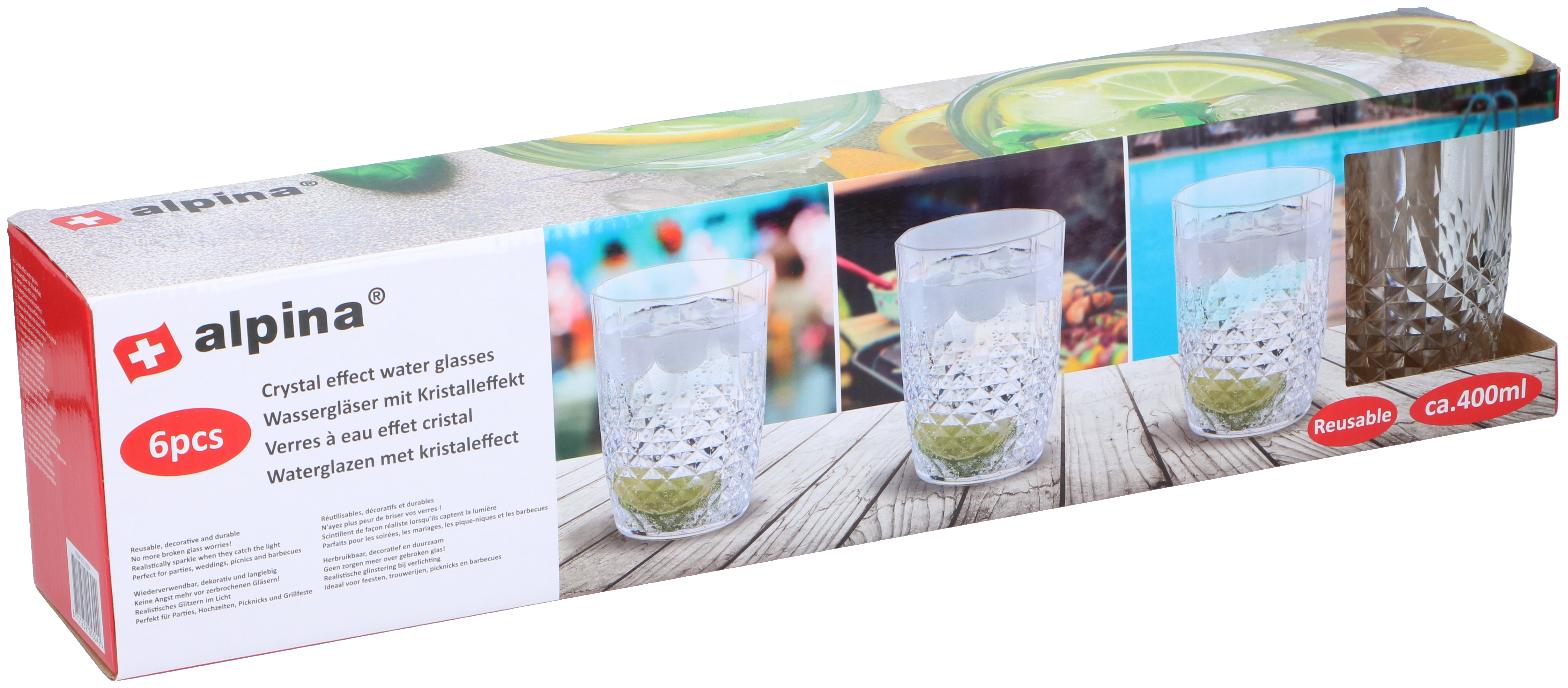 A box of crystal water glasses with lemons inside. The box is red and white with the brand alpina.