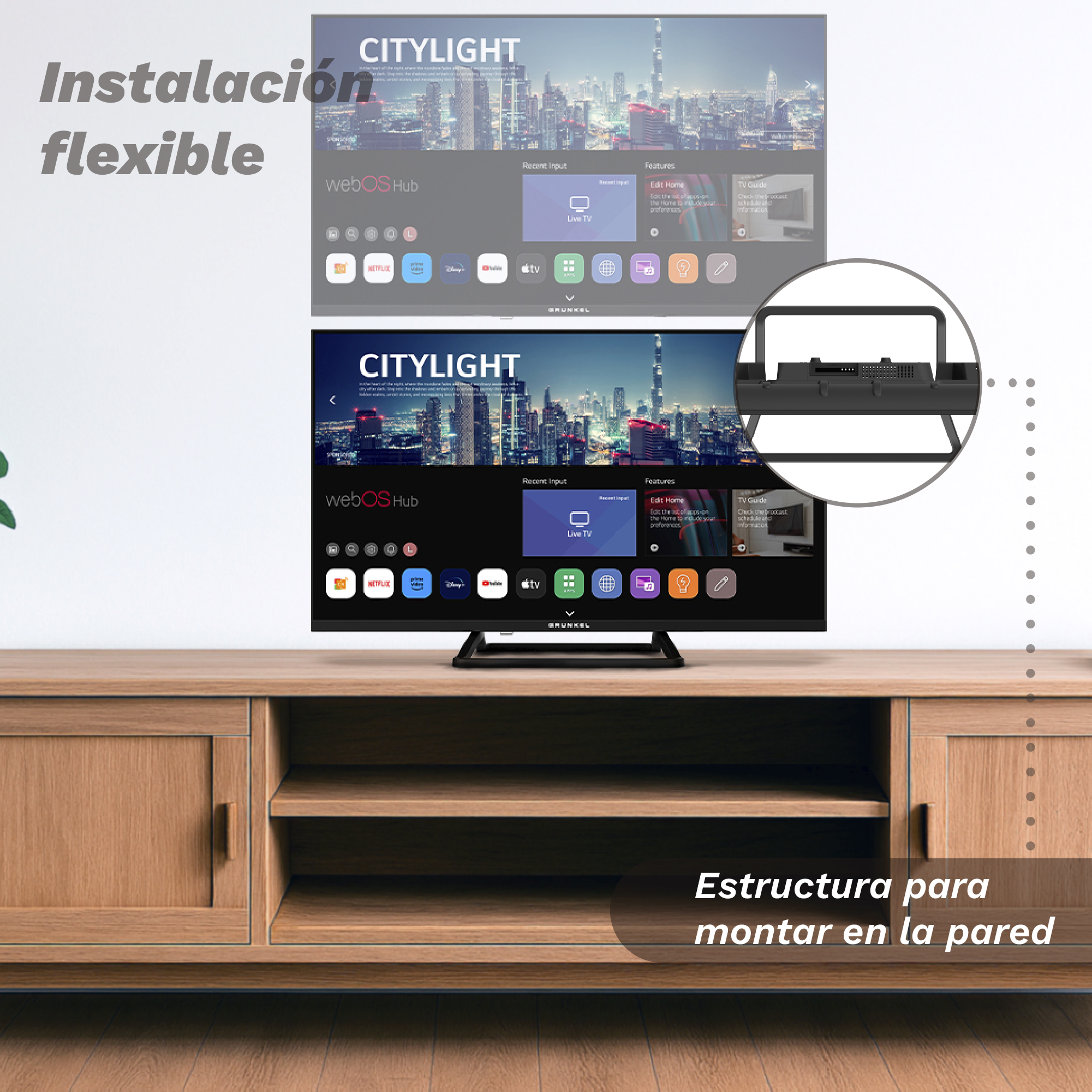 Un televisor muestra un paisaje urbano. El texto dice 'Instalación flexible' y 'Estructura para montar en la pared'.