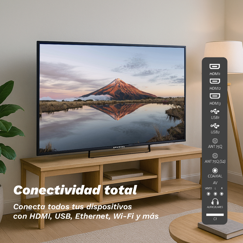Un televisor muestra una escena de montaña y lago. Se encuentra en un soporte de madera. El texto de abajo dice 'Conectividad Total' con opciones de conexión.