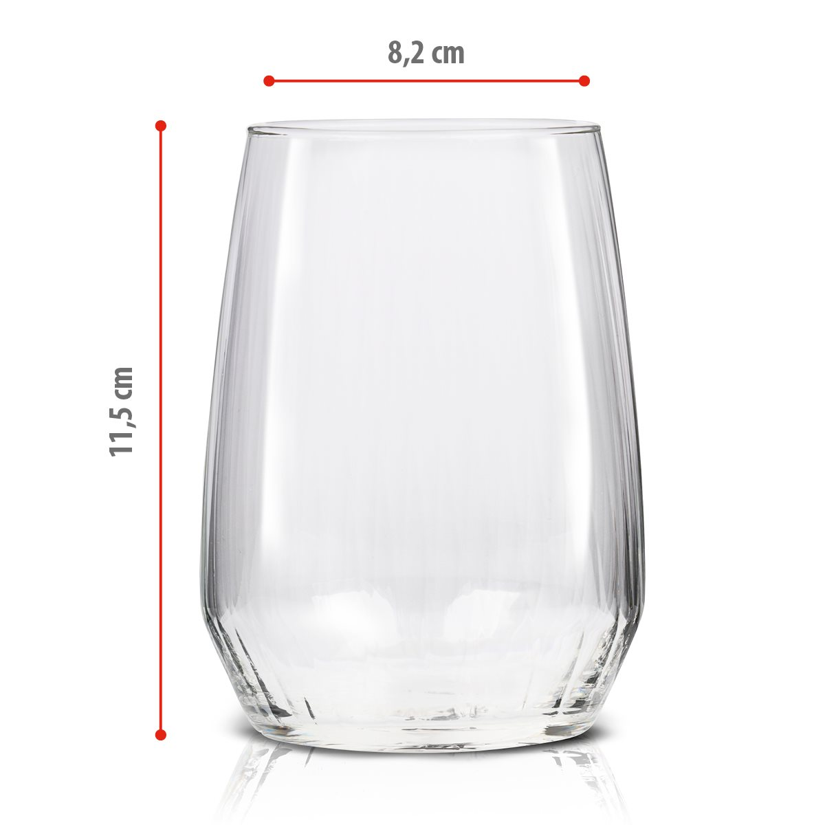 A clear glass with dimensions labeled 11.5 cm high and 8.2 cm wide. The glass is empty and sits on a white surface.
