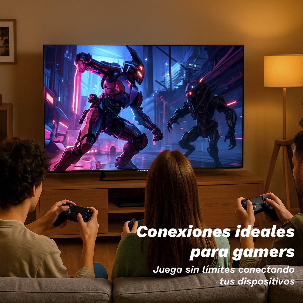 Tres personas jugando videojuegos en un televisor. El televisor muestra una escena de batalla. El texto dice 'Conexiones ideales para gamers'.